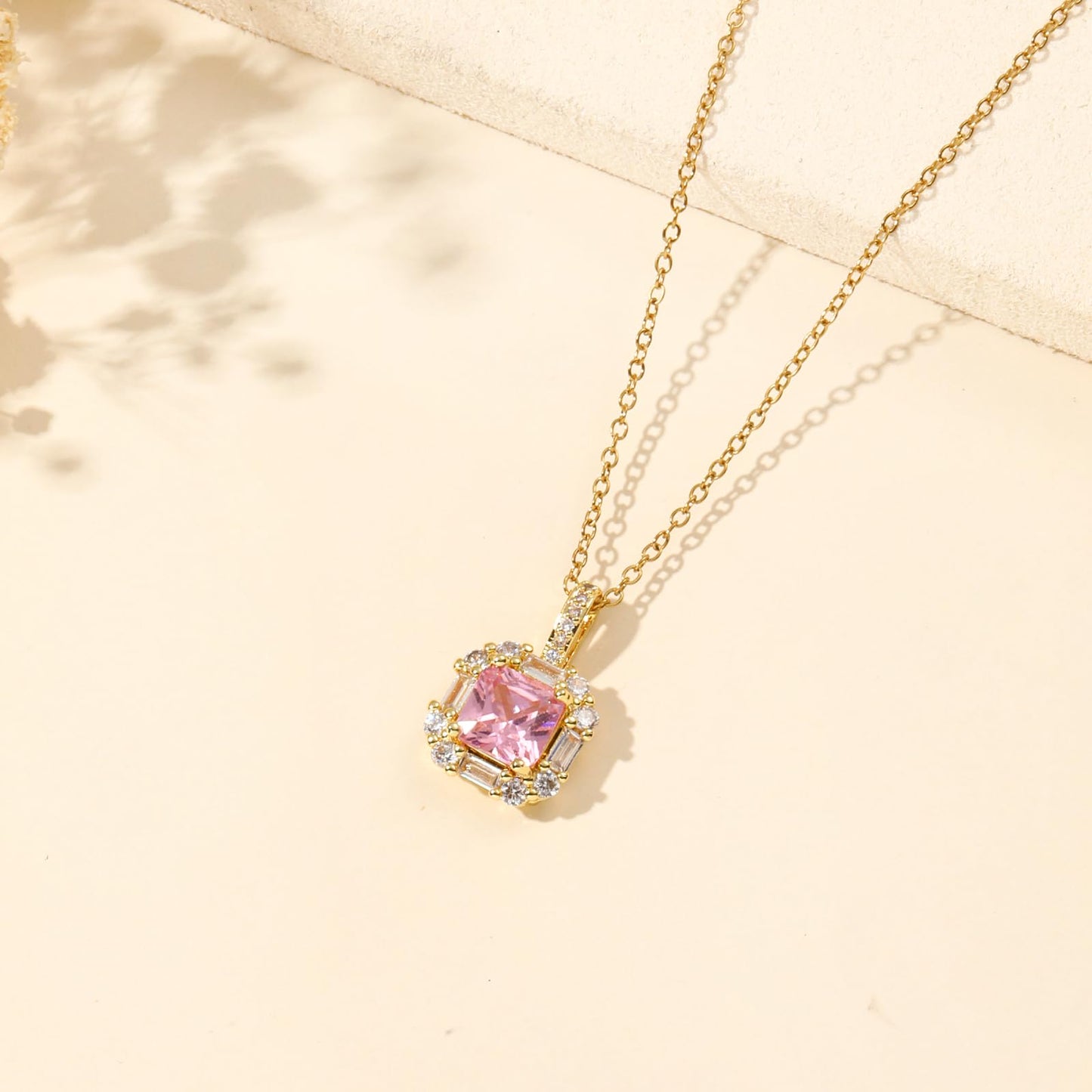 Pink Square Rose Quartz Necklace for Women-Gold Plated October Birthstone Healing Crystal Necklace For Valentine's Day Mother's Day Christmas Birthday Gifts