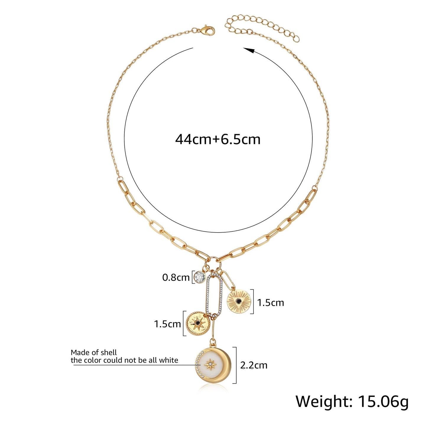 BONJOULRY Charm Necklace for Women Gold Sun Moon Pearl Shell Coin Evil Eye Charms Pendent Necklace Chunky Paperclip Necklaces Celestial Jewelry Shell