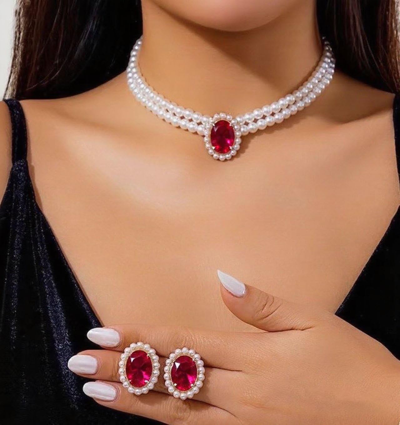 CSIYANJRY99 Pearl Necklace and Earring Set Faux Pearl Jewelry Sets for Women Imitation Beaded Pearl Necklace Bracelet Stud Earrings for Women（RD）