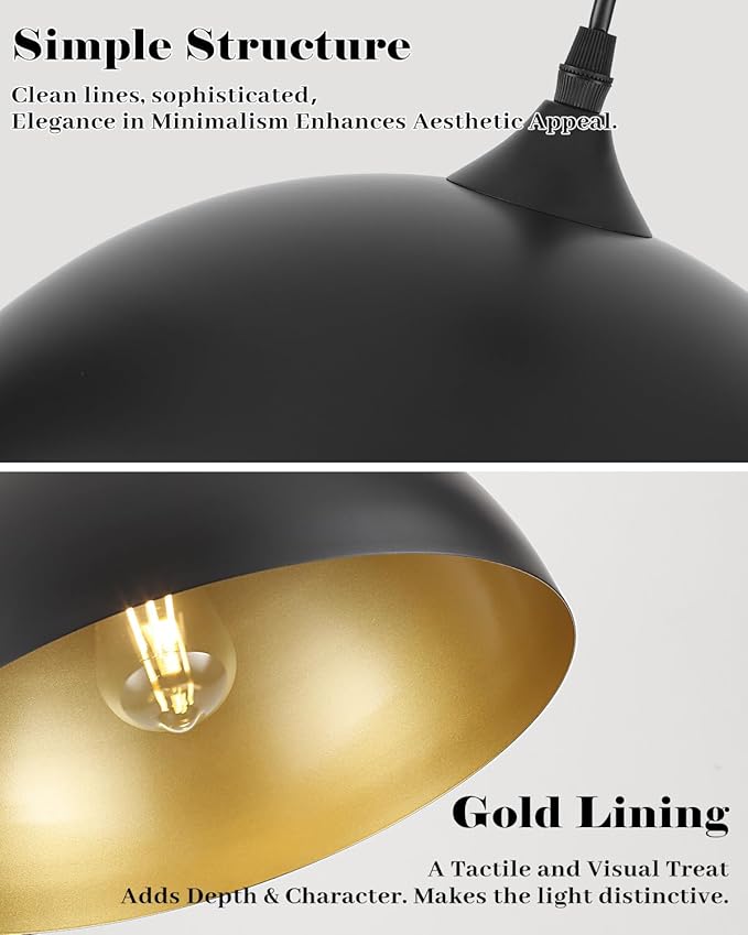 Black Pendant Lights Kitchen Island 2 Pack, 14 Inch Large Dome Pendant Light, Black and Gold Farmhouse Pendant Light, Island Pendant Lights for Kitchen, Dining Room