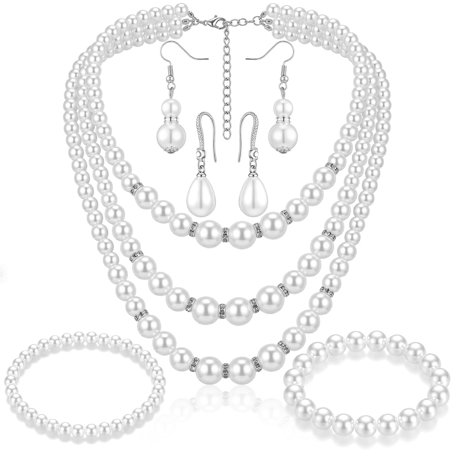 Glenmal Pearl Rhinestone Jewelry Set for Women Pearl Necklace Bracelet Earrings for Wedding Birthday Bridal Shower Tea Party(5 Pcs,Classy Style)