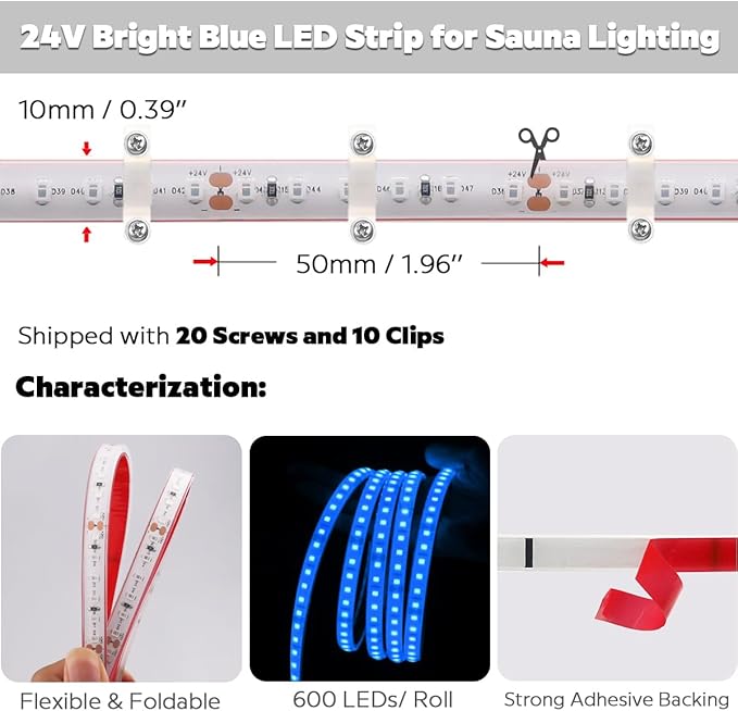 SuperLightingLED 24 Volt Blue LED Strip Sauna Light, Heat-Tolerant Flexible Dimmable Cuttable 5m/16.4ft 600 LEDs High-Density Bright IP68 Waterproof Sauna Room LED Tape (Blue)