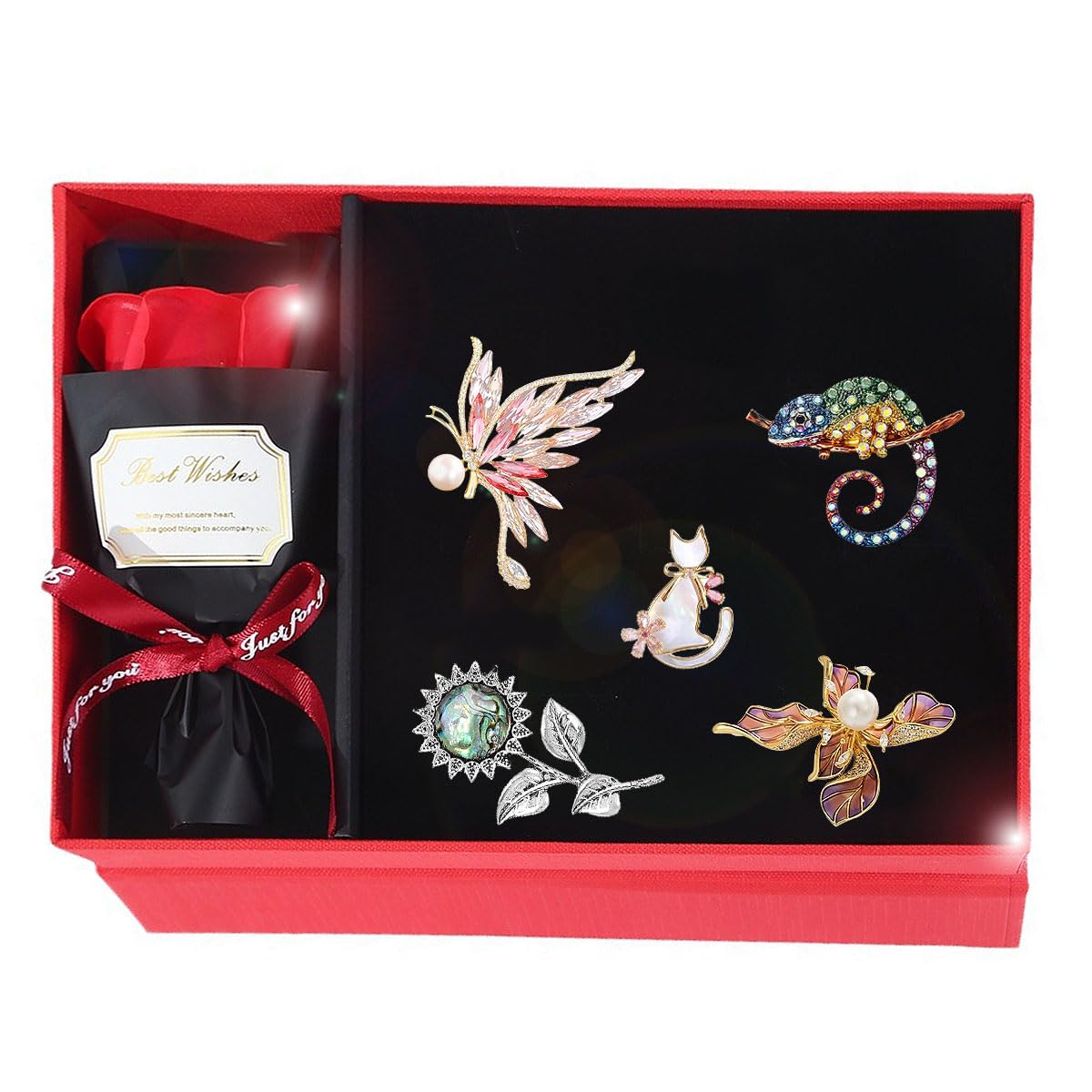Animal and Flower Brooch Set Gift Box for Women Rhinestone Zircon Animal and Flower Pin Birthday Holiday Gift for Wife Girlfriend Mother