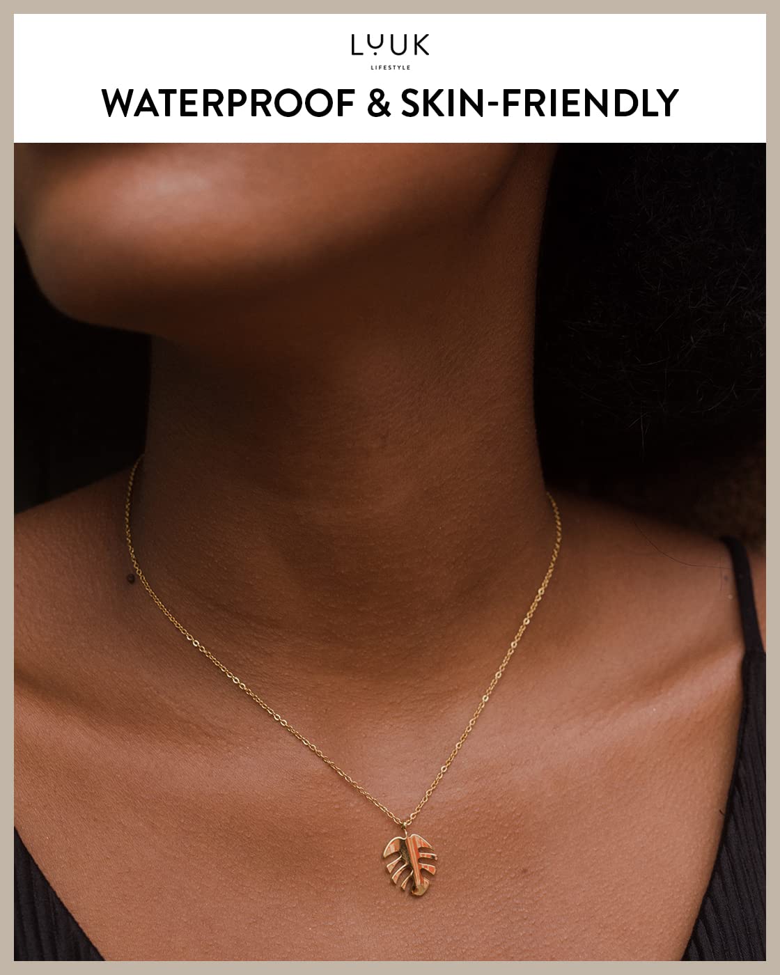 LUUK LIFESTYLE Filigree 19” necklace with monstera leaf pendant, modern and minimalist fashion accessory, nature zen jewellery for everyday life, HAPPINESS gift card, lucky charm, layer look, gold