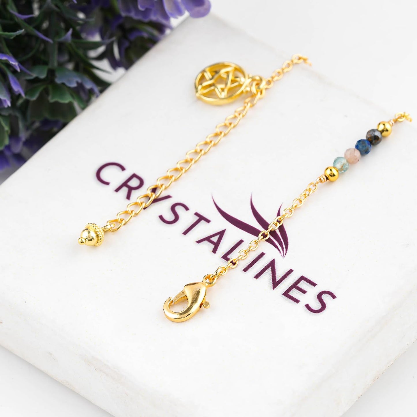 CRYSTALINES Natural Multi Gemstone Beads, Handmade Station Dangle Star Charms Anklet, 14K Gold Plated, Adjustable Fashion Boho Jewelry for Women, Healing Crystals, Christmas Gift