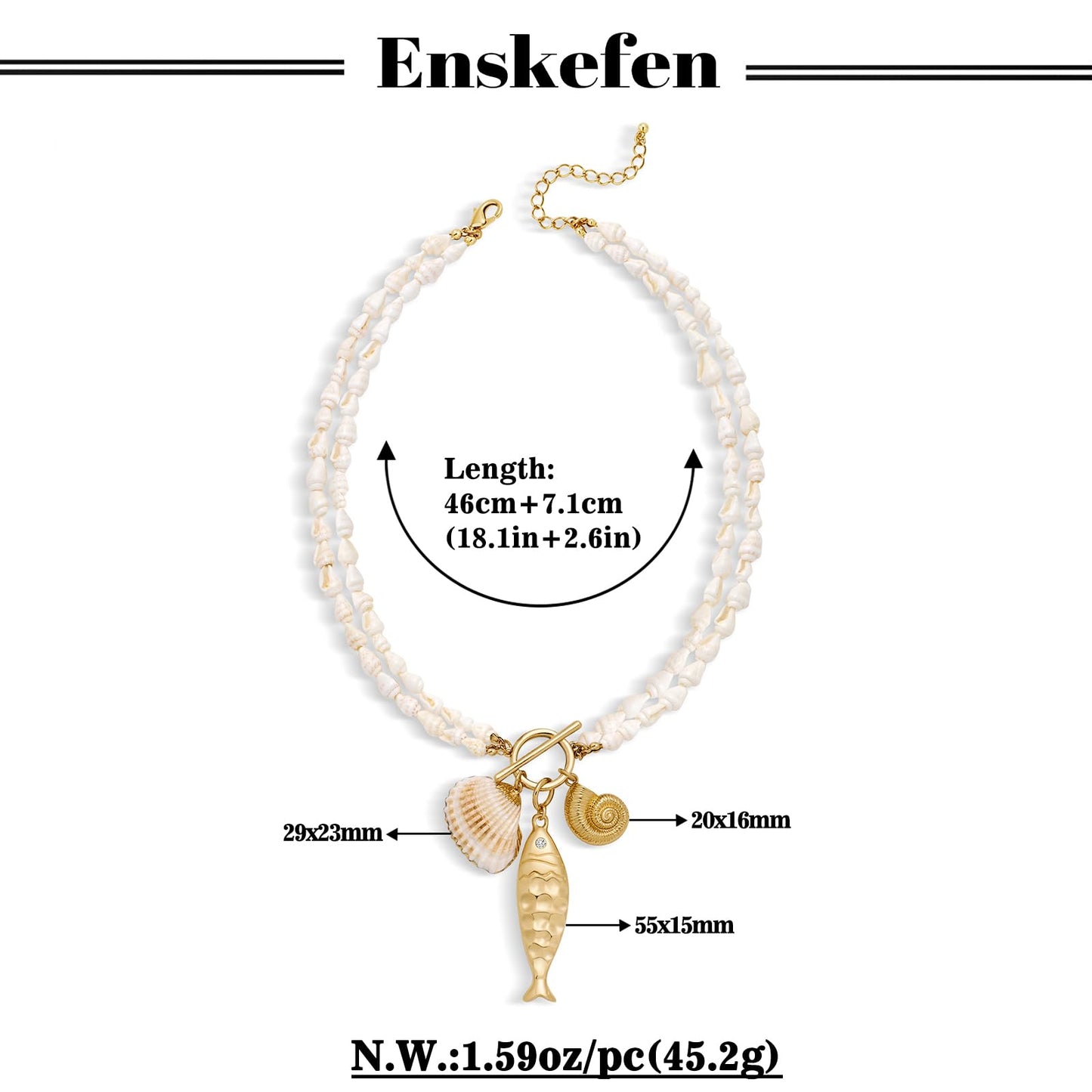 ENSKEFEN Gold Fish Necklaces for Women Double-layer White Shell Beads Necklace Mermaid Seashell Conch Pendant Necklaces Summer Beach Statement Necklace
