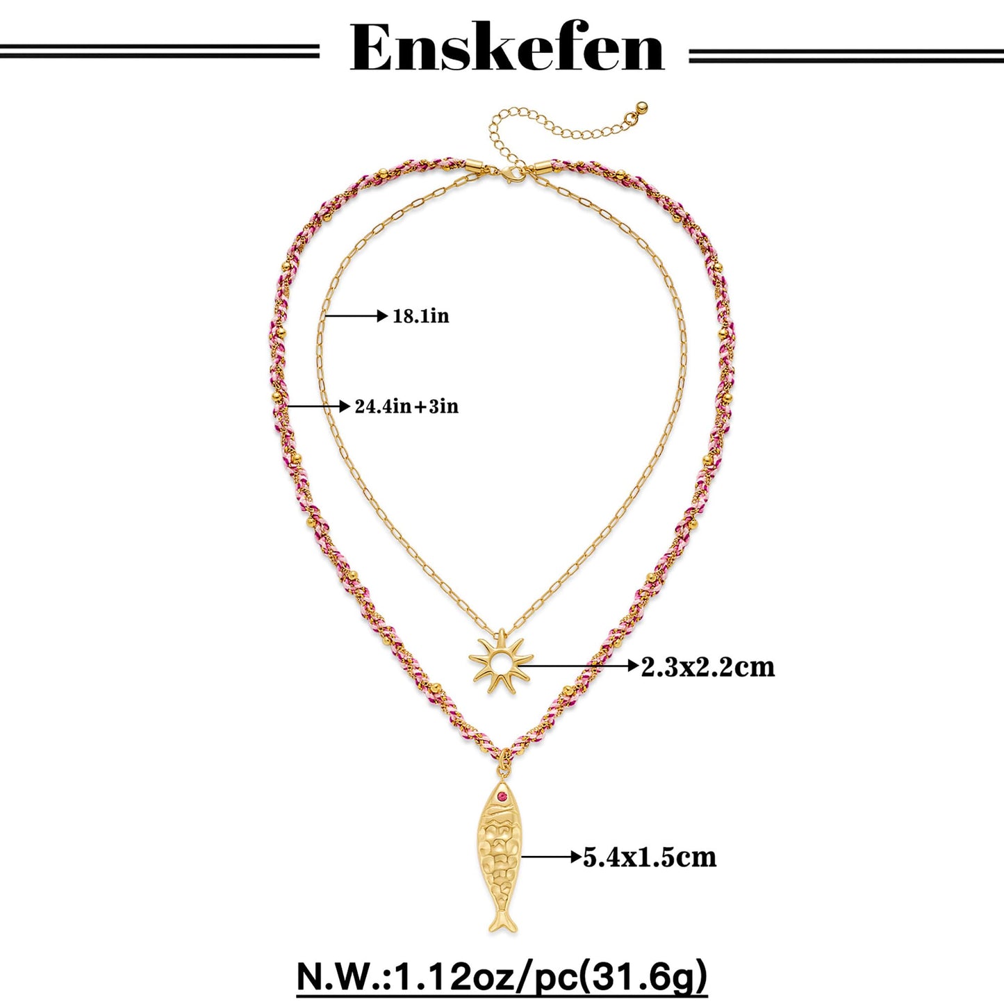 ENSKEFEN Double Layered Necklace for Women with Gold Sun and Fish Pendant Braid Cord Necklace Trendy Boho Ocean Fish Necklaces Adjustable Summer Beach Gold Necklaces Jewelry