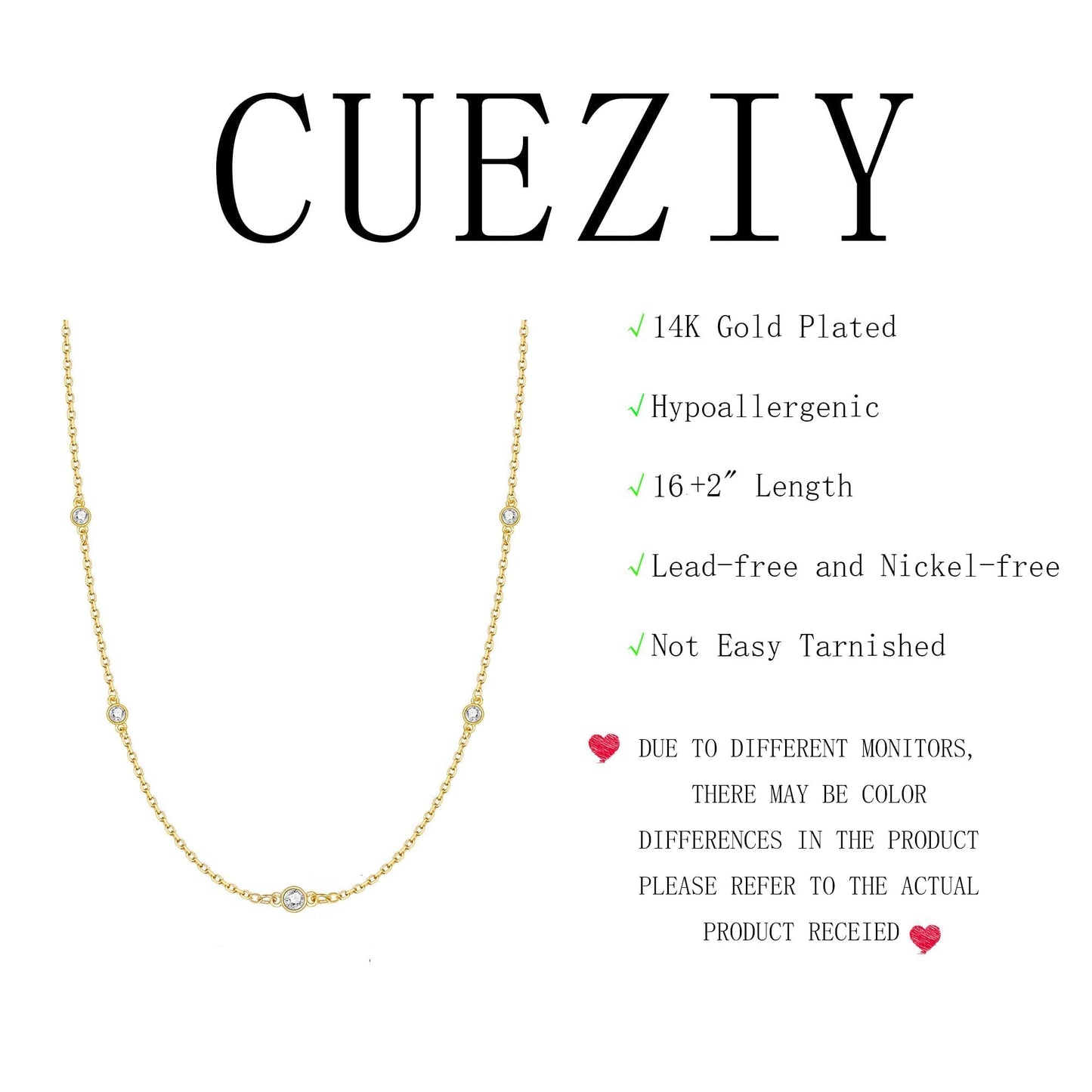 CUEZIY Dainty 14K Gold Plated Necklaces for Women Station Choker Cubic Zirconia Simulated Necklace Simple Cute Layering CZ Necklace Trendy Simple Jewelry Gifts