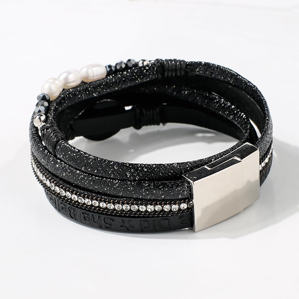 Artilady Leather Wrap Bracelet for Women - Handmade Clasp Bangle Bracelet with Pearl Beads Crystal Wristbands Jewelry Gift for Ladies and Mother