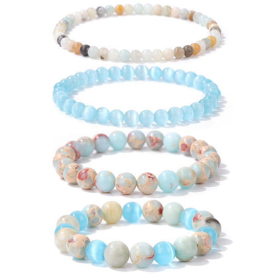 Vinswet 4pcs Natural Stone Beaded Bracelets for Women Men,Healing Crystal Gemstones Stretch Bracelet,4mm 6mm 8mm 10mm Amazonite Blue cat eyes Blue Jasper Anxiety Stress Relief Bracelet Jewelry Gifts