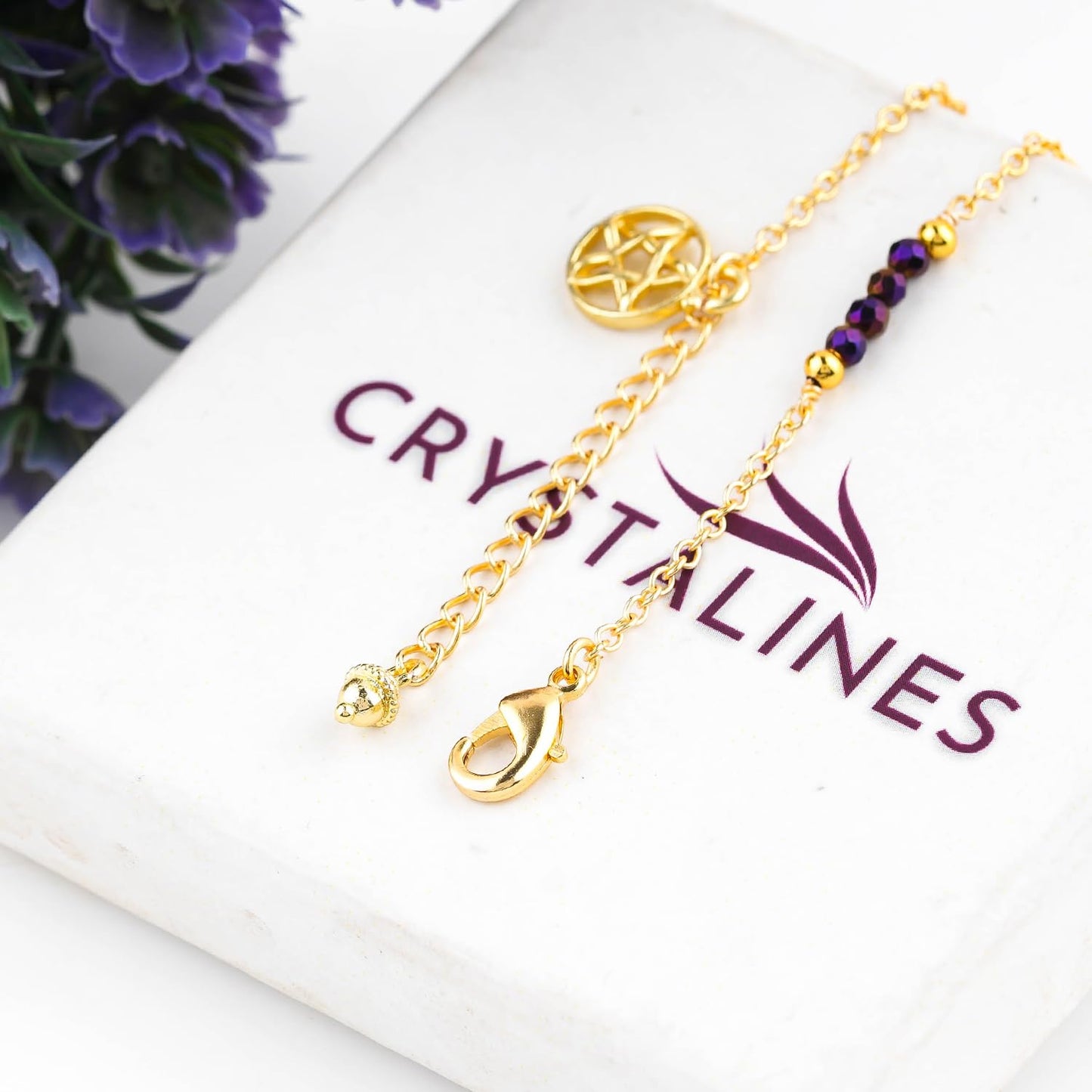 CRYSTALINES Natural Purple Hametite Gemstone Beads, Handmade Station Dangle Star Charms Anklet, 14K Gold Plated, Adjustable Fashion Boho Jewelry for Women, Healing Crystals, Christmas Gift