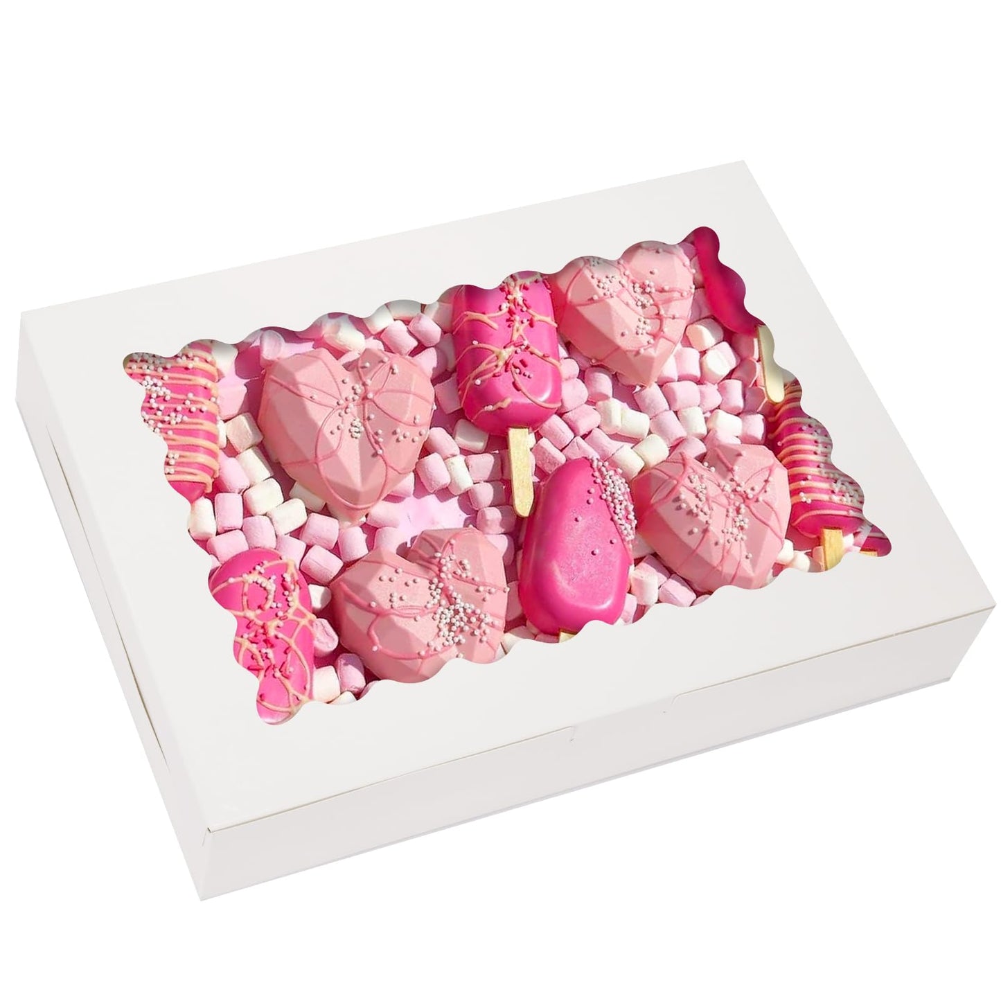 TOMNK 30pcs Cookie Boxes, 14x10x2.5 Inch Large Treat Boxes with Window for Treats, Pies, Chocolate Strawberries Muffins, Donuts, Dessert