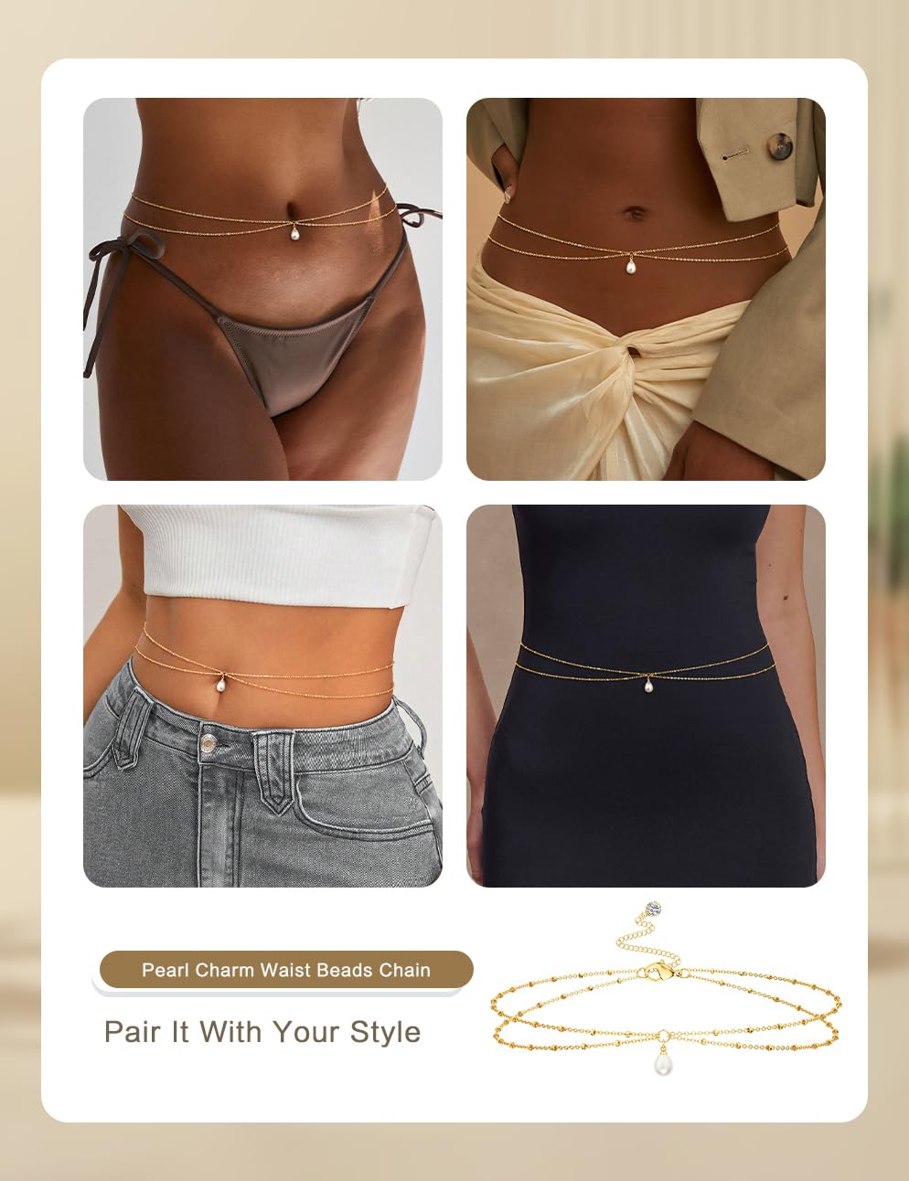 HABIKIP 14K Gold Plated Waist Beads Chain for Women, Gold Plated Belly Drop Pearl Pendant Chain Belt Summer Sexy Bikini Beach Waist Chain Adjustable Body Chain Waterproof Jewelry Accessories for Women