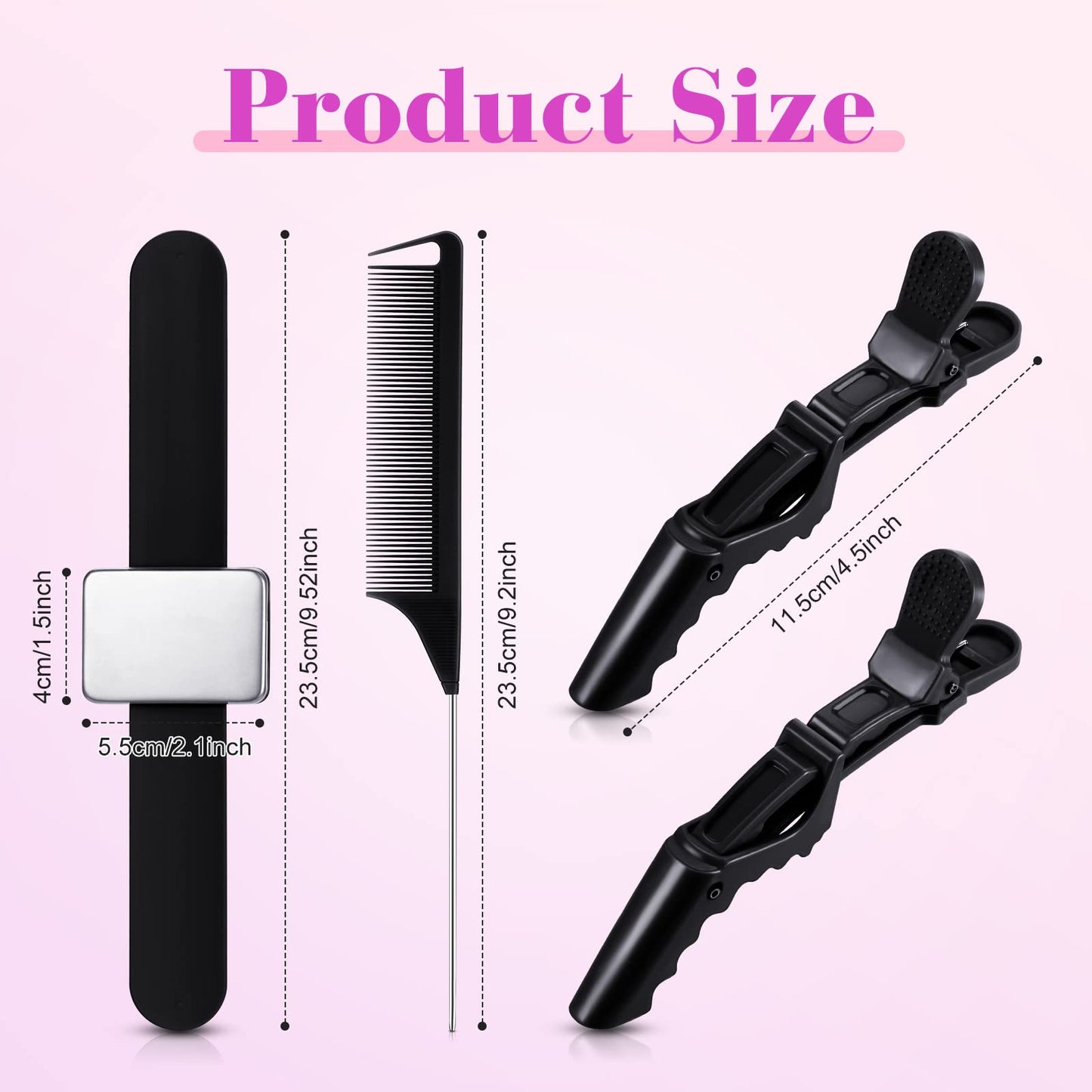 7 Pieces Hair Braiding Tools Magnetic Pin Wristband and 2 Pieces Stainless Steel Pintail Rat Tail Comb with 4 Wide Teeth Alligator Sectioning Hair Clip for Braid Tool Braid Maker(Black)