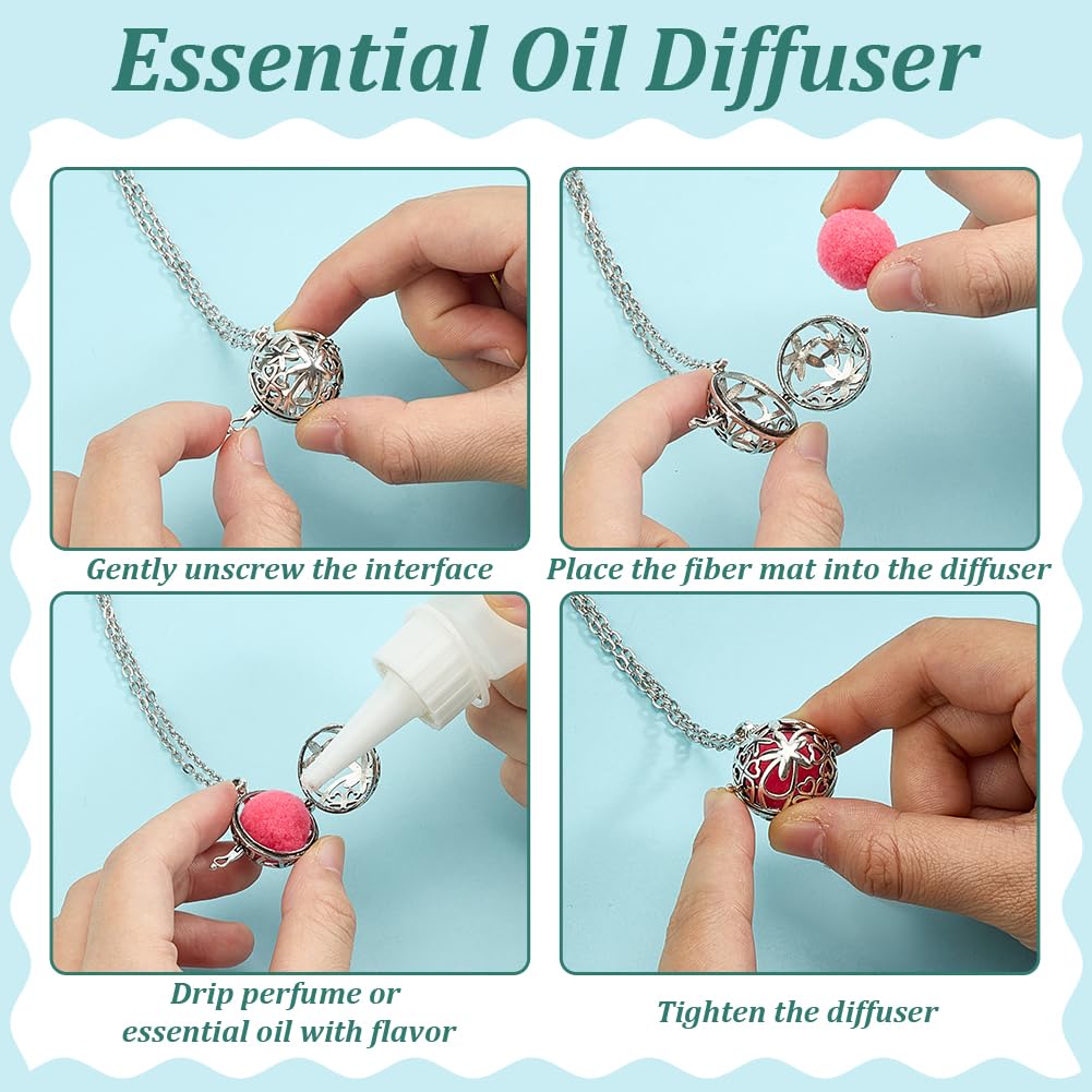PH PandaHall 3pcs Essential Oil Diffuser Necklace, Aromatherapy Locket Pendant Scent Necklace with 10pcs Color Cotton Balls Platinum Flower Pendant Necklaces Chain for Men Women Jewelry Birthday Gifts