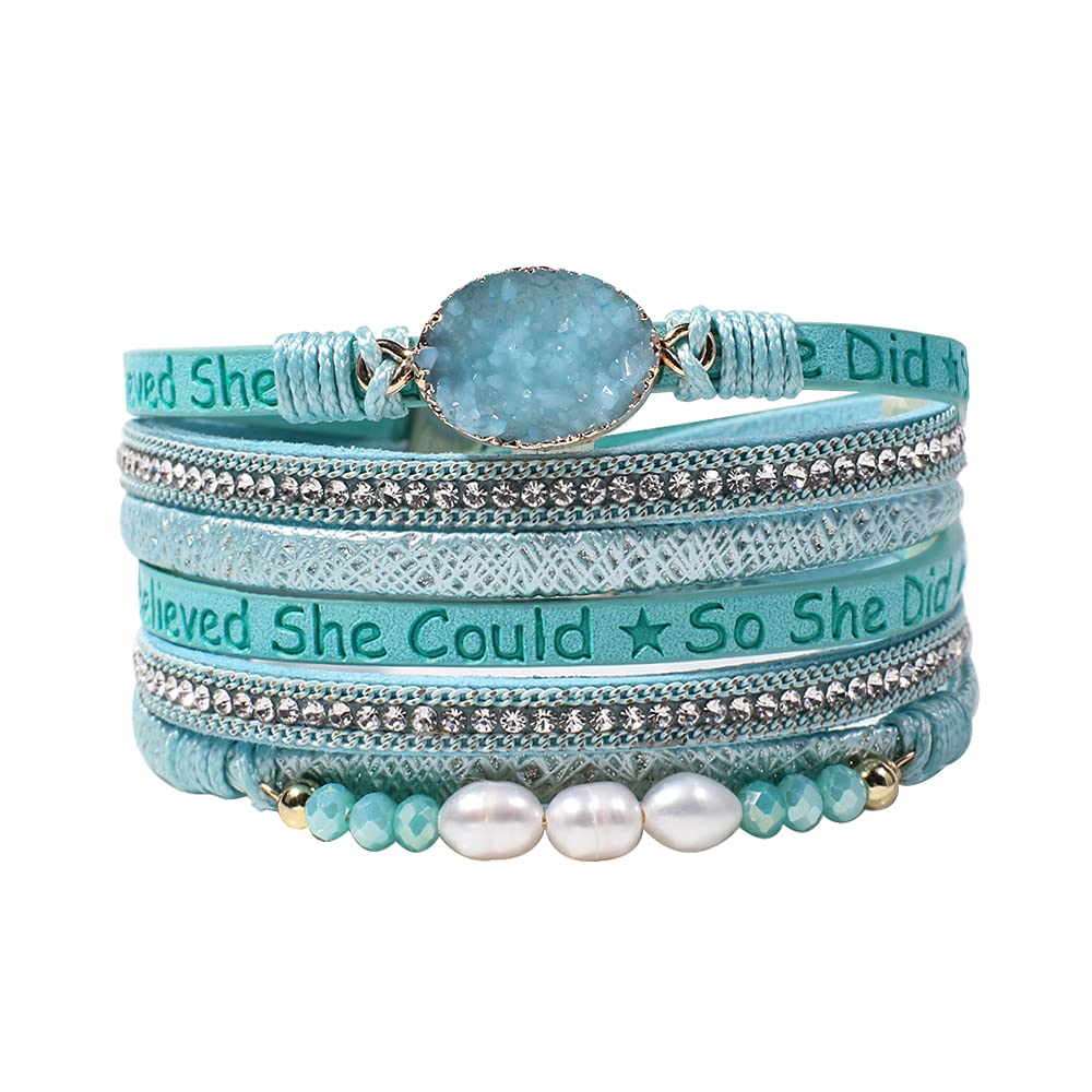 Artilady Leather Wrap Bracelet for Women - Handmade Clasp Bangle Bracelet with Pearl Beads Crystal Wristbands Jewelry Gift for Ladies and Mother