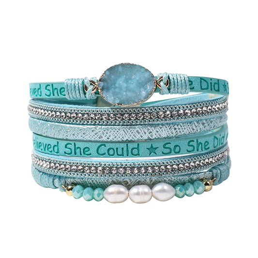 Artilady Leather Wrap Bracelet for Women - Handmade Clasp Bangle Bracelet with Pearl Beads Crystal Wristbands Jewelry Gift for Ladies and Mother