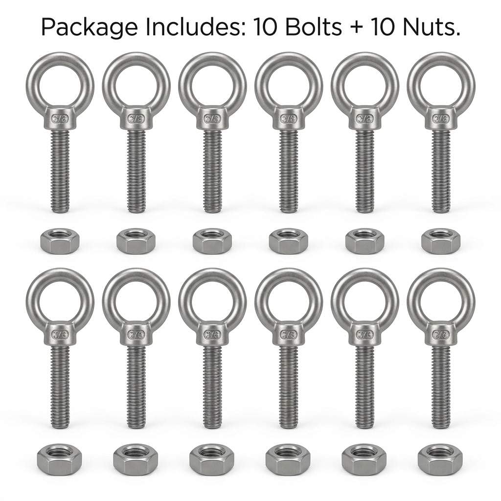QWORK 3/8"x6" Stainless Steel Shoulder Eye Bolts – 10 Pack Machine Thread Set with Nuts for Metal Frame, Rigging & Cable Mounting
