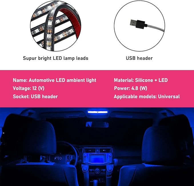 Car LED Strip Light, 24 LEDs RGB Neon Interior Atmosphere Lights, 12V Under Dash Ambient Night Light, USB Port Auto Interior Decorative Lamp, Universal Car Accessories (Blue)