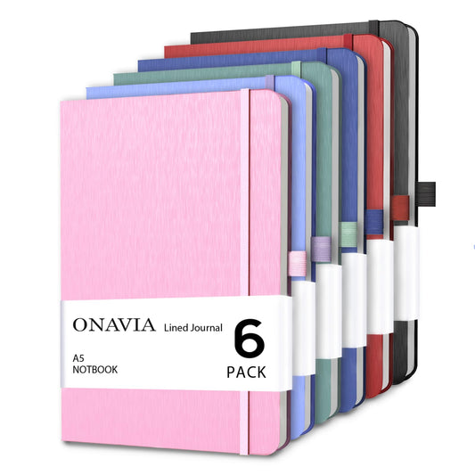 ONAVIA A5 Hardcover Notebook 6 Pack, College Ruled Lined Notebooks for Office, Classroom, Teachers, Students, Meeting Notes, Study and Planning, 160 Pages (80 Sheets), Assorted Colors