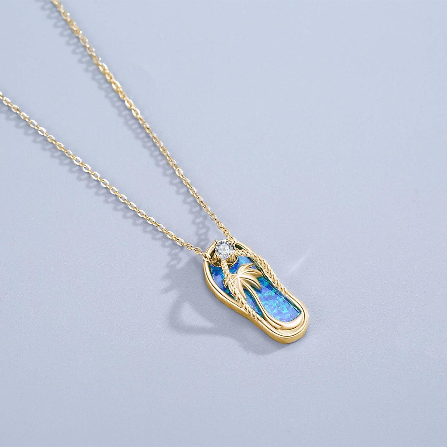 Midir&Etain Flip Flop Necklace 925 Sterling Silver 14K Gold Plated Palm Tree Pendant Beach Blue Opal Necklace Flip-Flop Opal Jewelry for Women