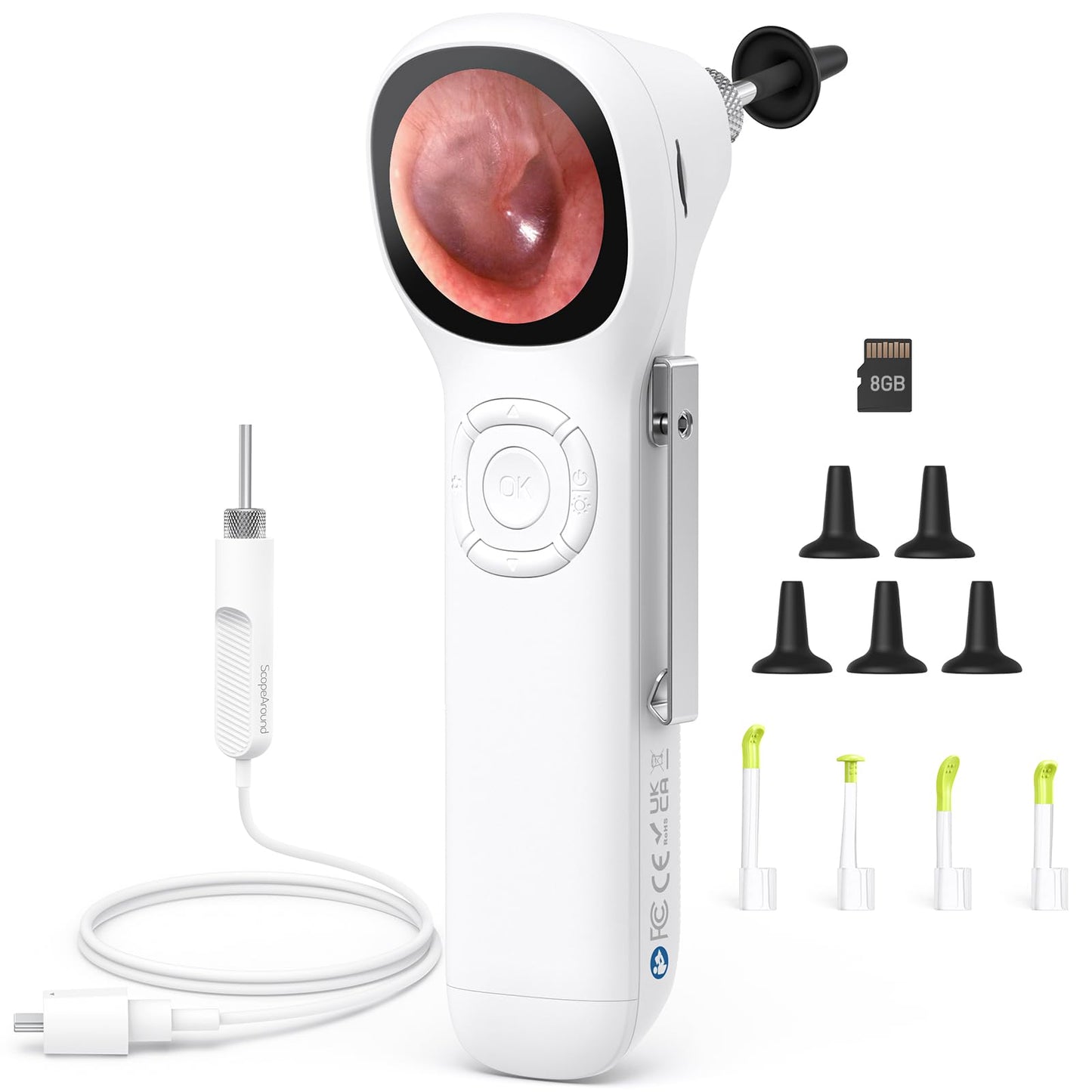 ScopeAround Digital Otoscope w/Built-in Screen, Manual-Focus Digital Otoscope with Light for Home Use, No App Needed, Easy Viewing for Everyday Ear Checks, Otoscope Camera, White