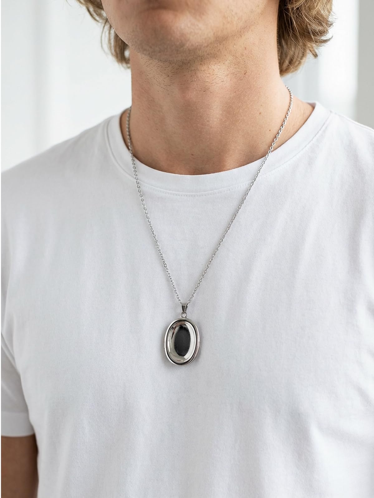 BOPREINA Stainless Steel Worry Stone Necklace for Women Anxiety Relief Fidget Jewelry Sliver Oval Peaceful Thumb Pendant Necklace Meditation Relaxation Stress Relief Pendant 30x46mm