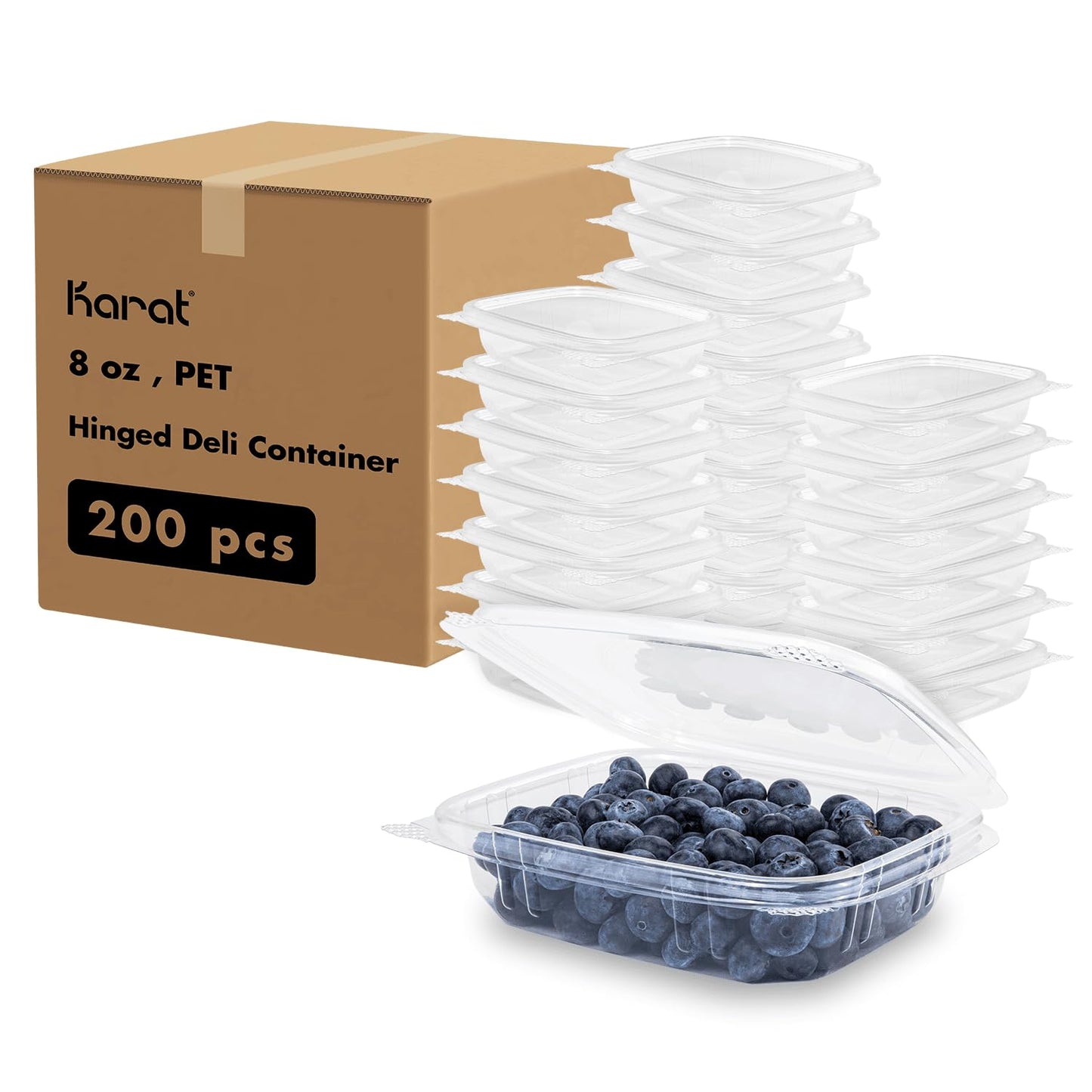 Karat [8oz -200 ct Small Clamshell Containers with Lids, For Berries, Fruits, Nuts, and Home Meal Prep - Clear Plastic Food Containers, Take Out Containers