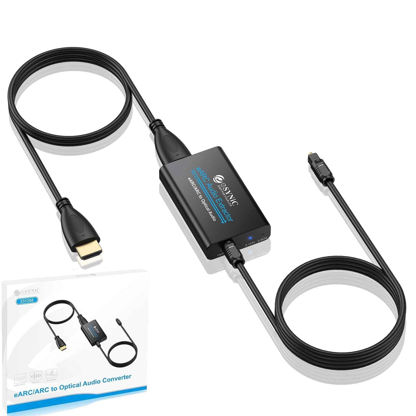 eSynic Professional eARC Audio Extractor-192KHz ARC to Optical Adapter-for HDTV ARC/eARC Ports to Optical Soundbar-Ultra Long 7ft Cable-Easy to Setup-Support PCM 2.0/Dolby 5.1/DTS 5.1 Audio Formats