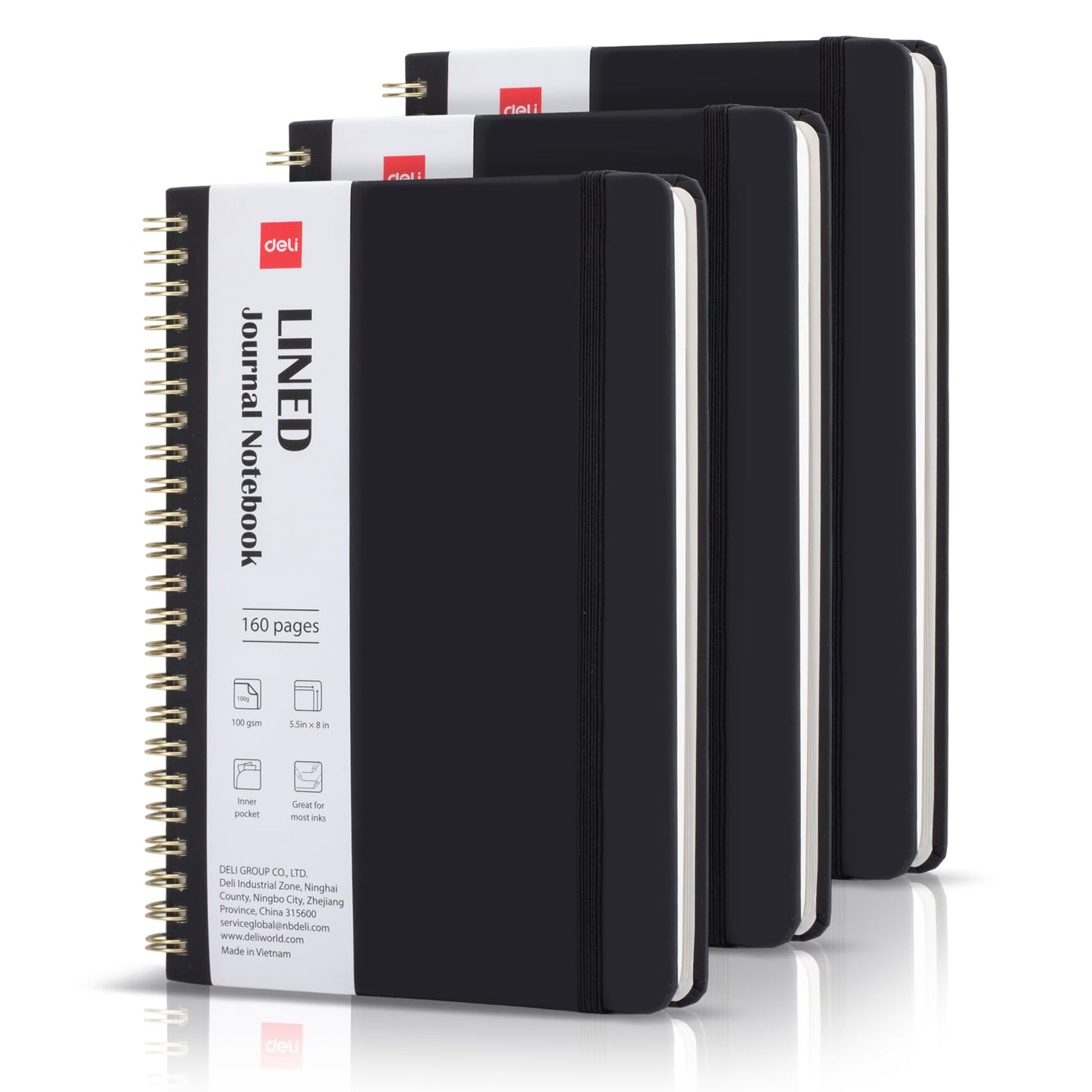 Deli 3-Pack Lined Spiral Journal Notebook Black, 160 Pages, A5 (5.5"x8") Hardcover Writing Notebook, College Ruled Spiral Bound Journal for Women & Men - Perfect for Work, School, Office & Note Taking
