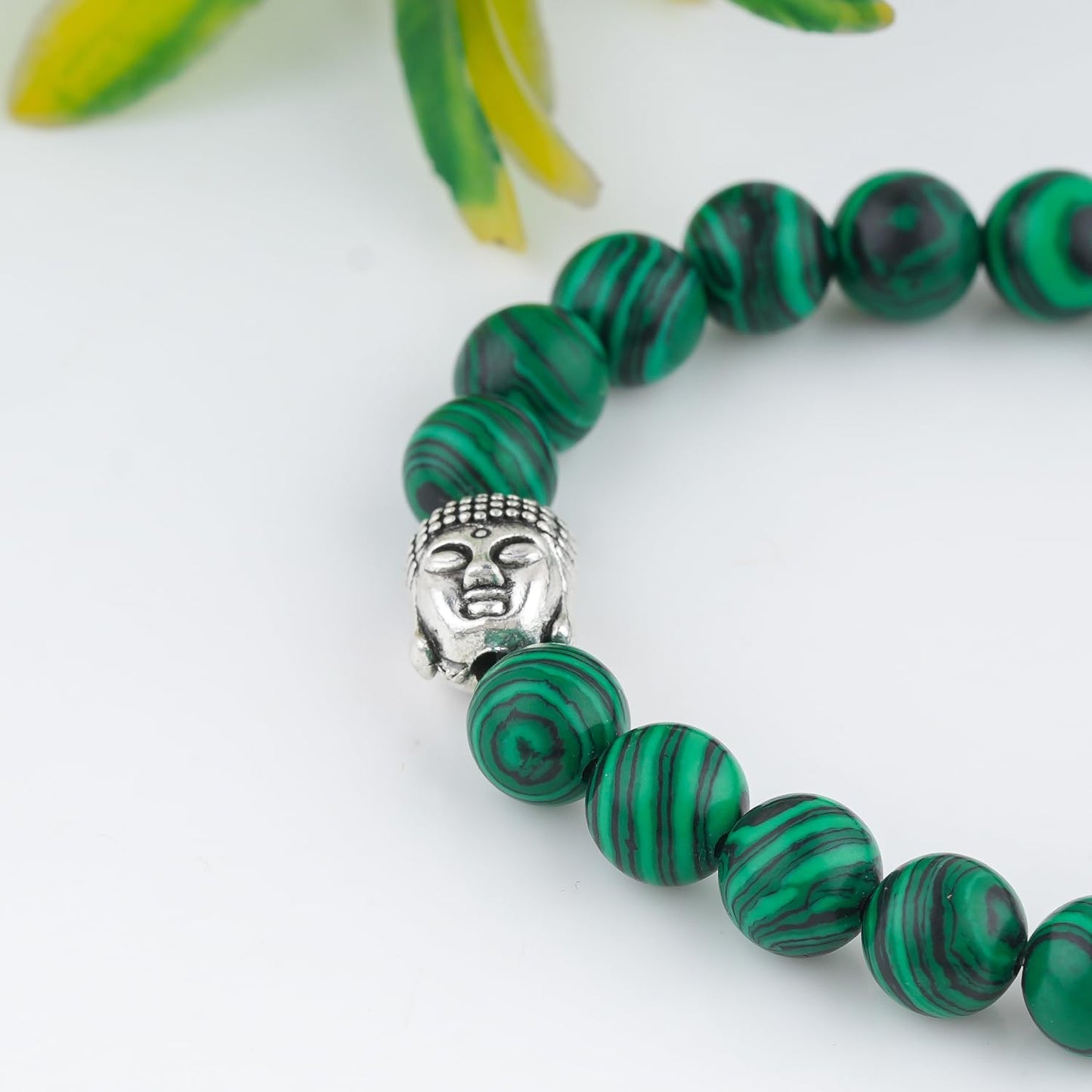 CRYSTALINES Buddha Charm Stretchable Braceclet, Genuine Malachite Gemstone Beads, Plain Round Stones, Handmade Boho Strech Bracelet, Adjustable Spiritual Healing Crystal Unisex Jewelry Gift