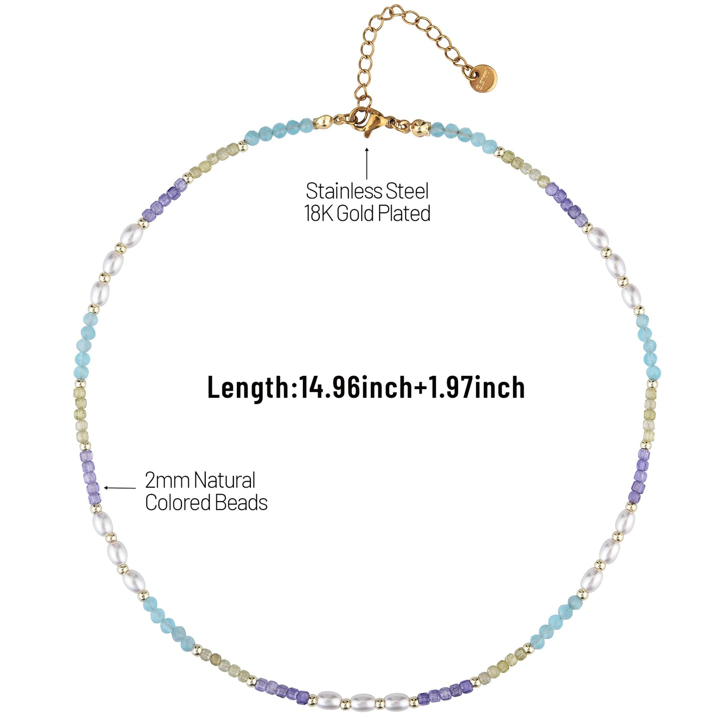 Vutapiro Colorful Beaded Beach Jewelry Summer Ladies' Necklace, Boho Color Block Design light blue necklaces for women (Pale blue)