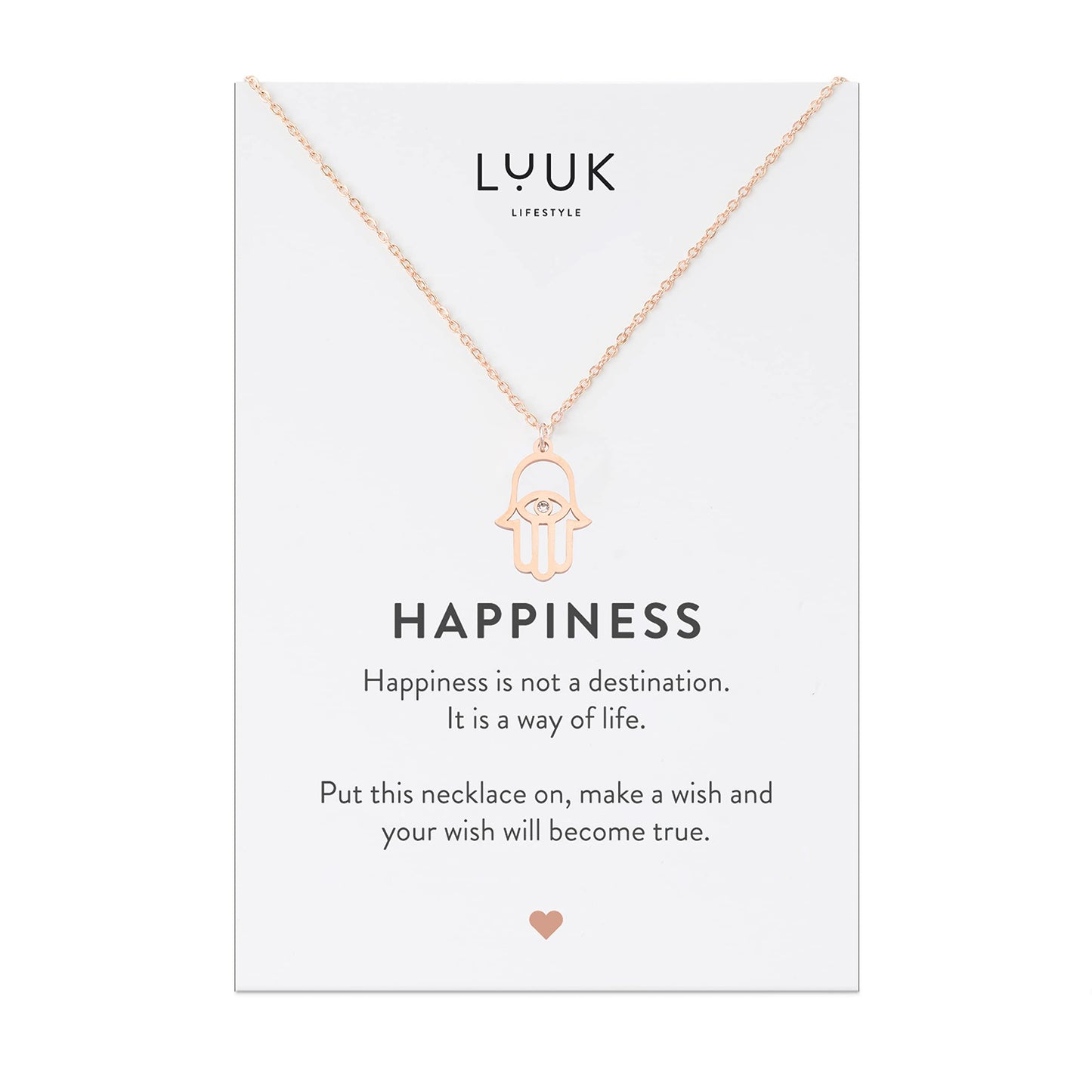 LUUK LIFESTYLE Stainless steel filigree necklace with hand pendant Fatima | Hamsa and HAPPINESS gift card, lucky charm with oriental symbol, feminine jewel from the southern countries, rose gold