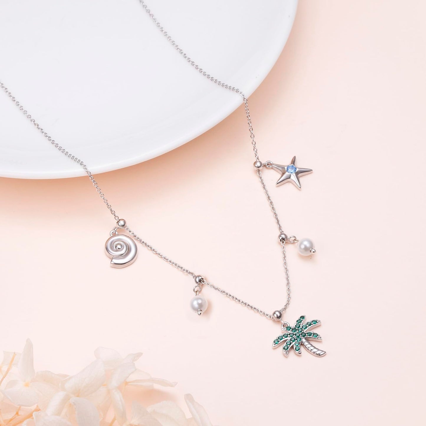 FLYOW S925 sterling Silver Summer Palm Tree Seashell conch shell Beachy Pendant Necklace Women Coastal Jewelry with Removable Charms Trendy Summer Beach Gift