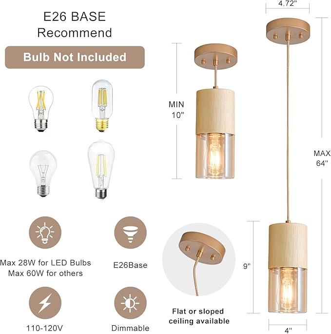 Pendant Light Fixtures, Adjustable Modern Pendant Lights for Kitchen Island, Industrial Amber Glass Pendant Lights for Dining Table Hallway Bedroom Living Room, Gold, 2 Pack