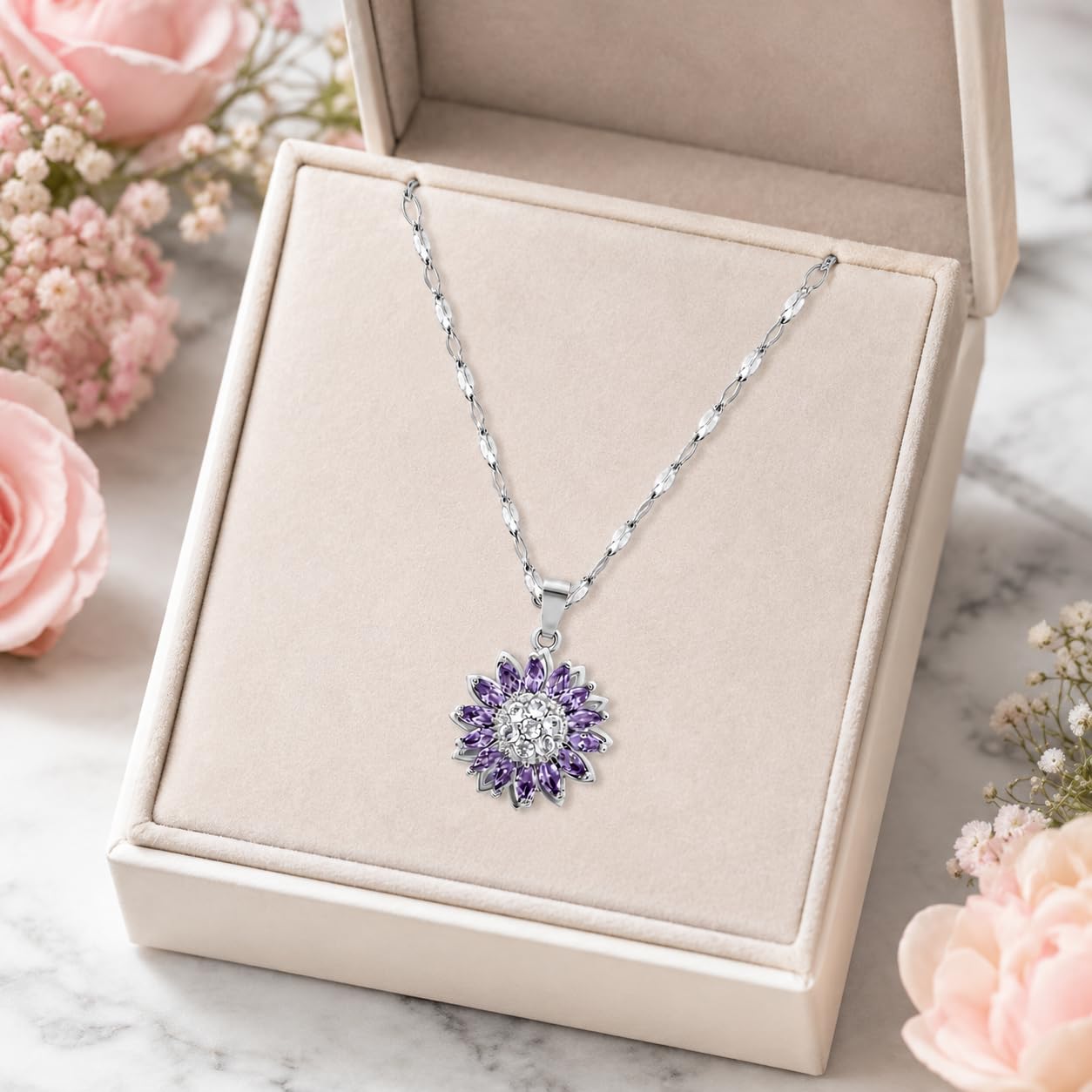 KONPJE Sunflower Fidget Necklace for Women Gold Moon Necklace Rotating Heart Necklaces Spinning Crystal Flower Anxiety Necklaces Crescent Moons Jewelry Accessories (Silver Purple)
