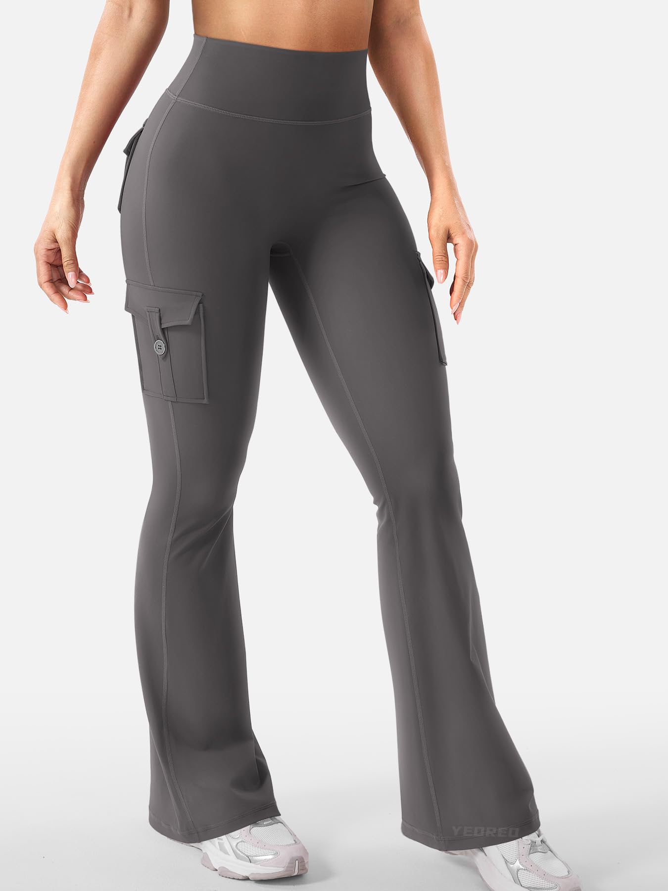 YEOREO CoreFlex Women Workout Flare Leggings with Pockets Hidden Scrunch Cargo Gym Yoga No Front Seam Leggings Dark Grey XL