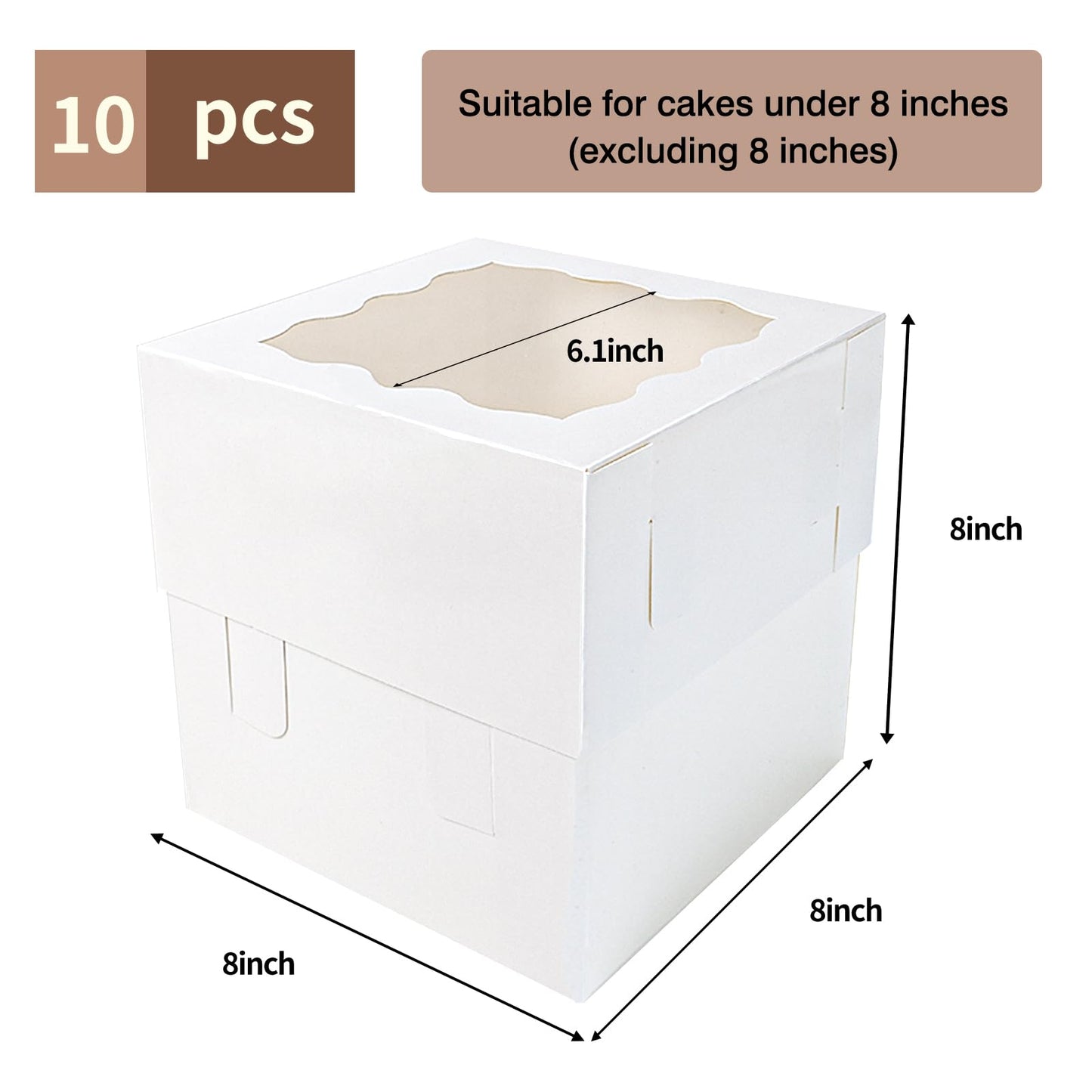 Moretoes 10pcs 8x8x8 Inches Cake Boxes with Window, White Bakery Dessert Boxes, Cajas Pasteles for Cake, Valentine's Day, Mother's Day,Wedding, Birthday, Party