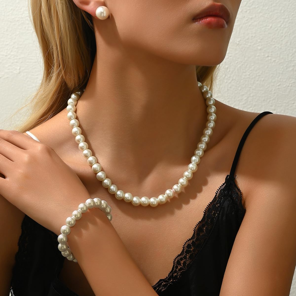 CSIYANJRY99 Pearl Necklace & Earring Set - Faux Pearl Prom Jewelry: Imitation Beaded Pearl Bracelet & Stud Earrings (WhitePearl)
