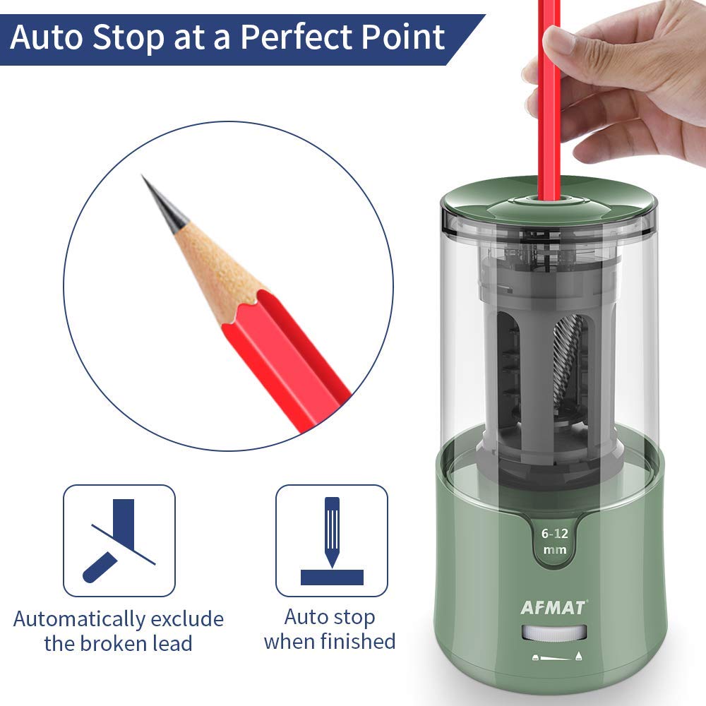 AFMAT Electric Pencil Sharpener, Auto Stop, Super Sharp & Fast, Electric Pencil Sharpener Plug in for 6-12mm No.2/Colored Pencils/Office/Home PS94