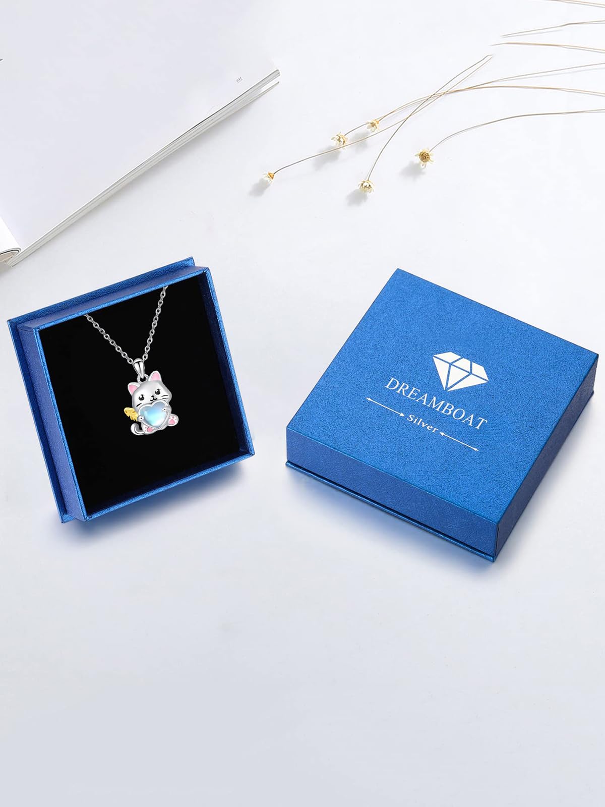 Dreamboat Cat Pendant Necklace for Women 925 Sterling Silver Moonstone Kitten Animal Jewelry Gifts for Cats Lovers