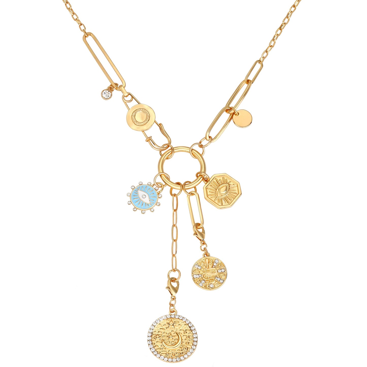 BONJOULRY Charm Necklace for Women Gold Safety Pin Necklace Evil Eye Moon Star Coin Celestial Charms Dainty Paperclip Chain DIY Tarot Card Pendant Y Choker Necklace Amulet Jewelry Gifts Snake
