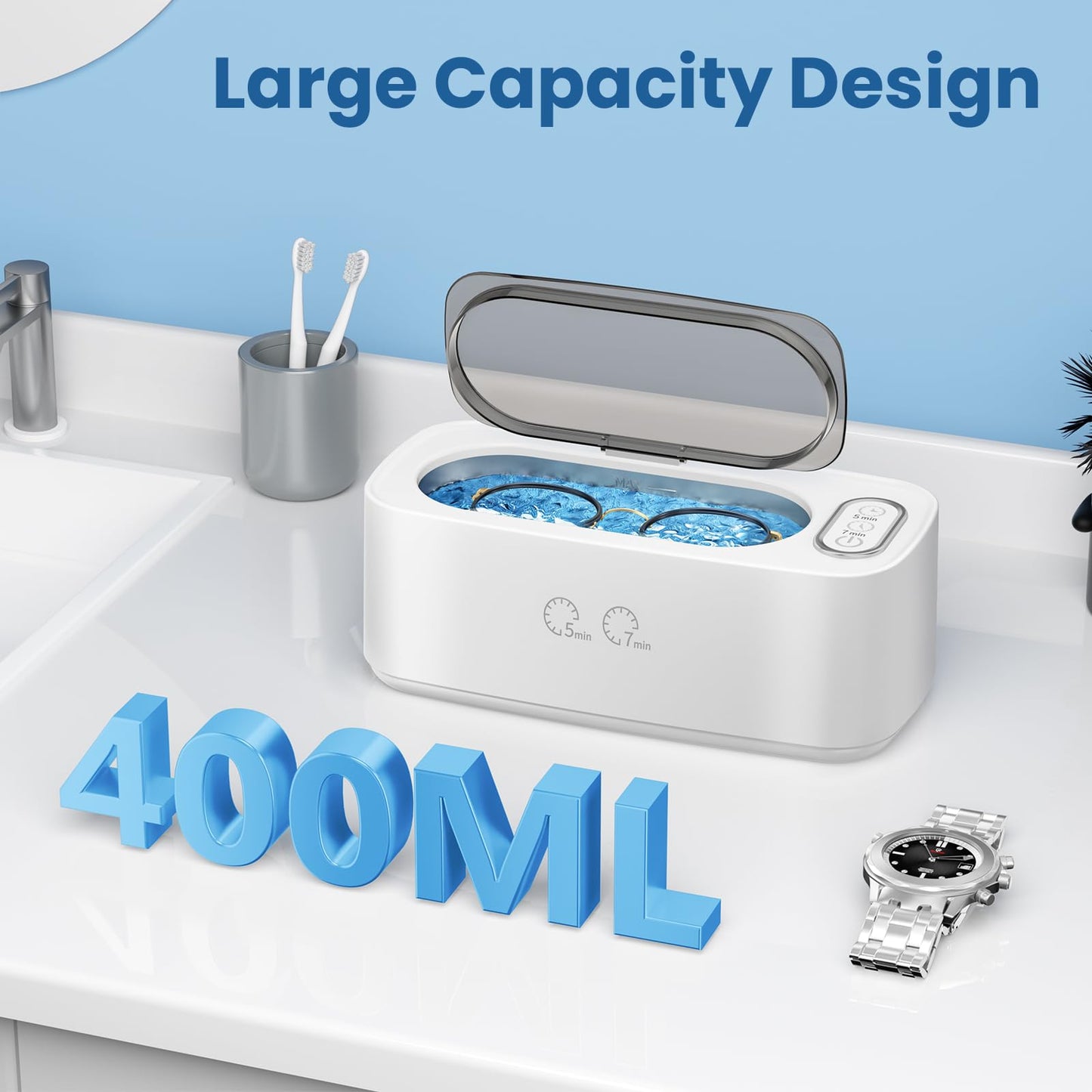 Ultrasonic Cleaner, 48kHz Ultrasonic Jewelry Cleaner Machine for Eyeglasses, Jewelry, Rings, Watch Straps, Dentures and More, Dual Cleaning Modes & 304 Stainless Steel Tank, 400ML Capacity, White