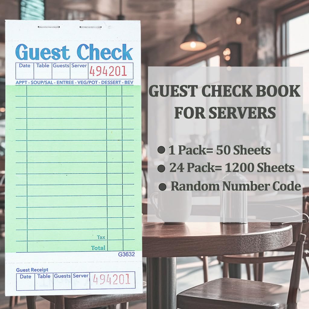 Budgenix Guest Checks Server Note Pads 24 Pack 1200 Orders, Green Guest Check Pads with Bottom Receipt, Waitress Notepad for Restaurant Business