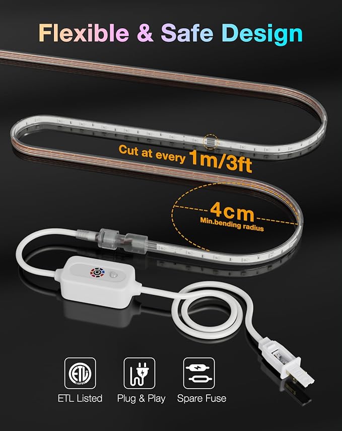Shine Decor 120V RGB LED Strip Light Remote Control, Cold Resistant IP65 Waterproof Outdoor Strip Lighting Color Changing, Connectable Lite Multicolor Lighting Strip 7x13mm, 50 FT 450 LEDs ETL Listed