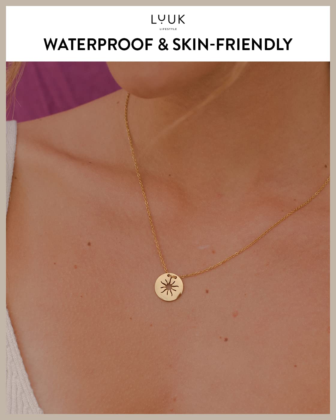 LUUK LIFESTYLE Necklace for women made of stainless steel with sun pendant and HAPPINESS gift card, fashion jewelry for girls, 19”, lucky charm, zodiac sign, fashion accessory for her, gold