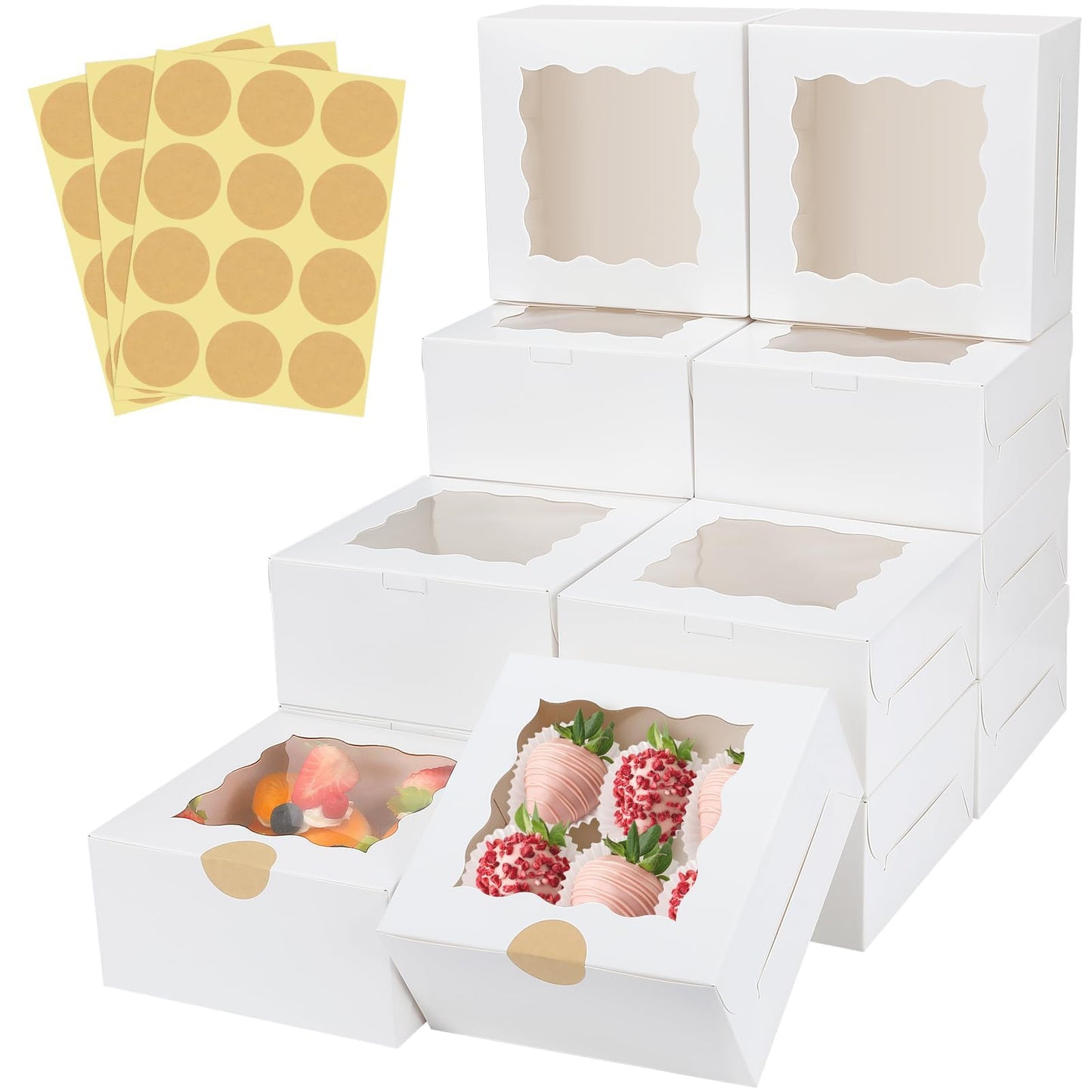 HawHawToys 60 Pcs Bakery Boxes with Window, 6 x 6 x 3 Inches, White Cookie & Pastry Boxes for Baked Goods
