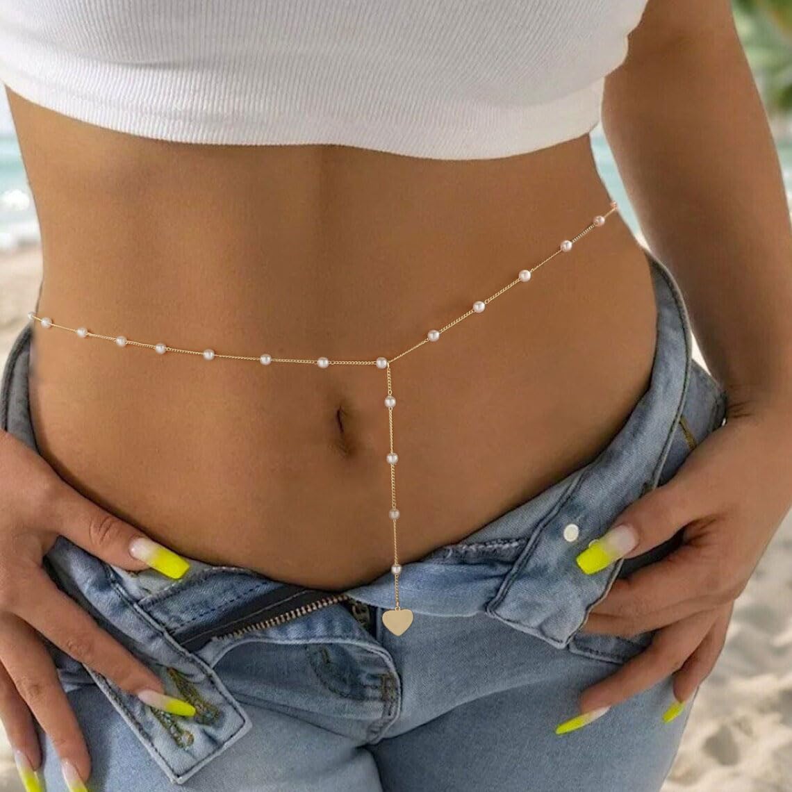 MFRYK 14K Gold Plated Waist Chain Pearl Chain With A Heart Pendant Belly Body Chain Boho Beach Waist Chains For Women Adjustable Waterproof Sexy Bikini Body Chain Jewelry For Women