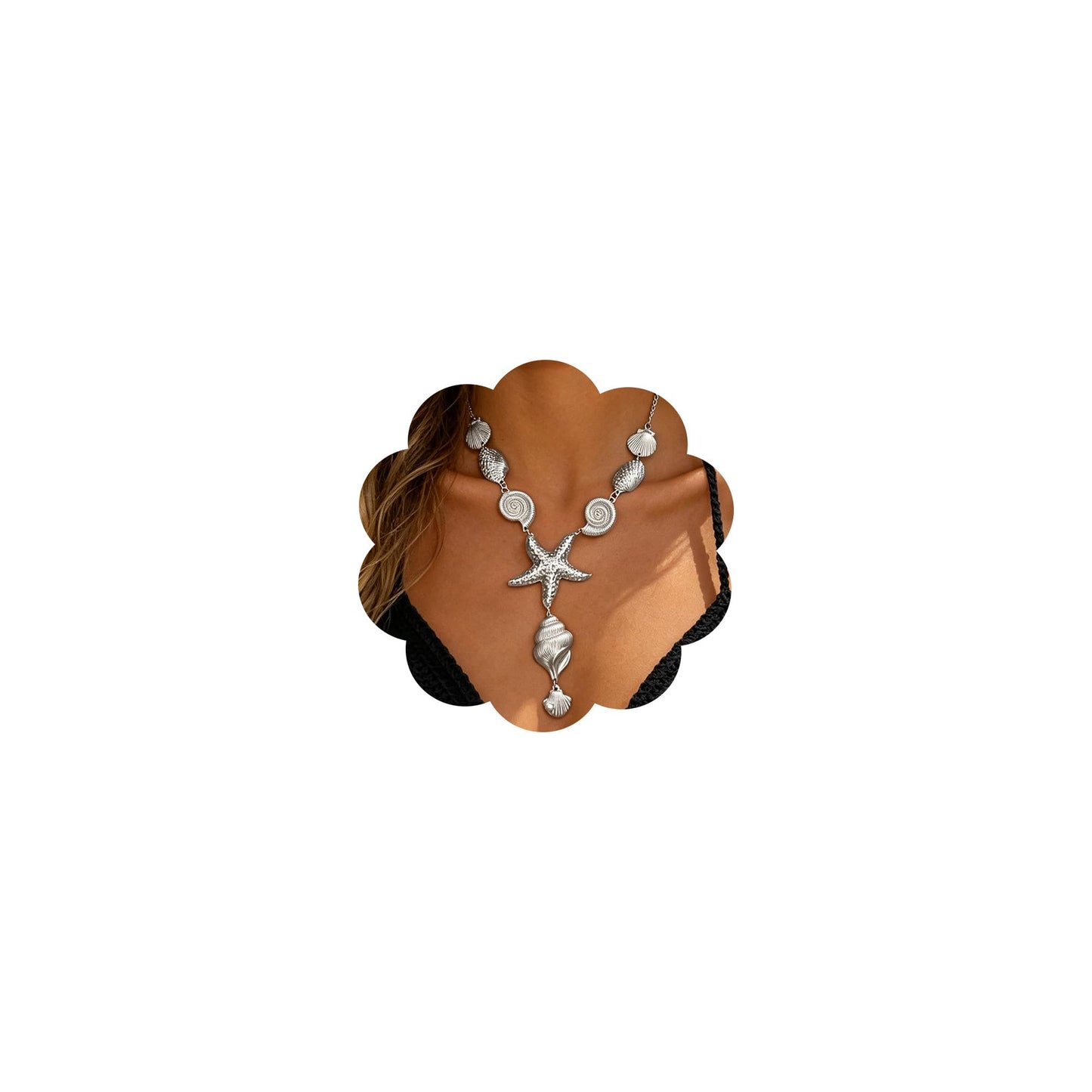 JAGWQRK Starfish Seashell Necklaces for Women Boho Y-Shaped Big Seashell Conch Pendant Necklace Statement Summer Beach Holiday Party Present Jewelry