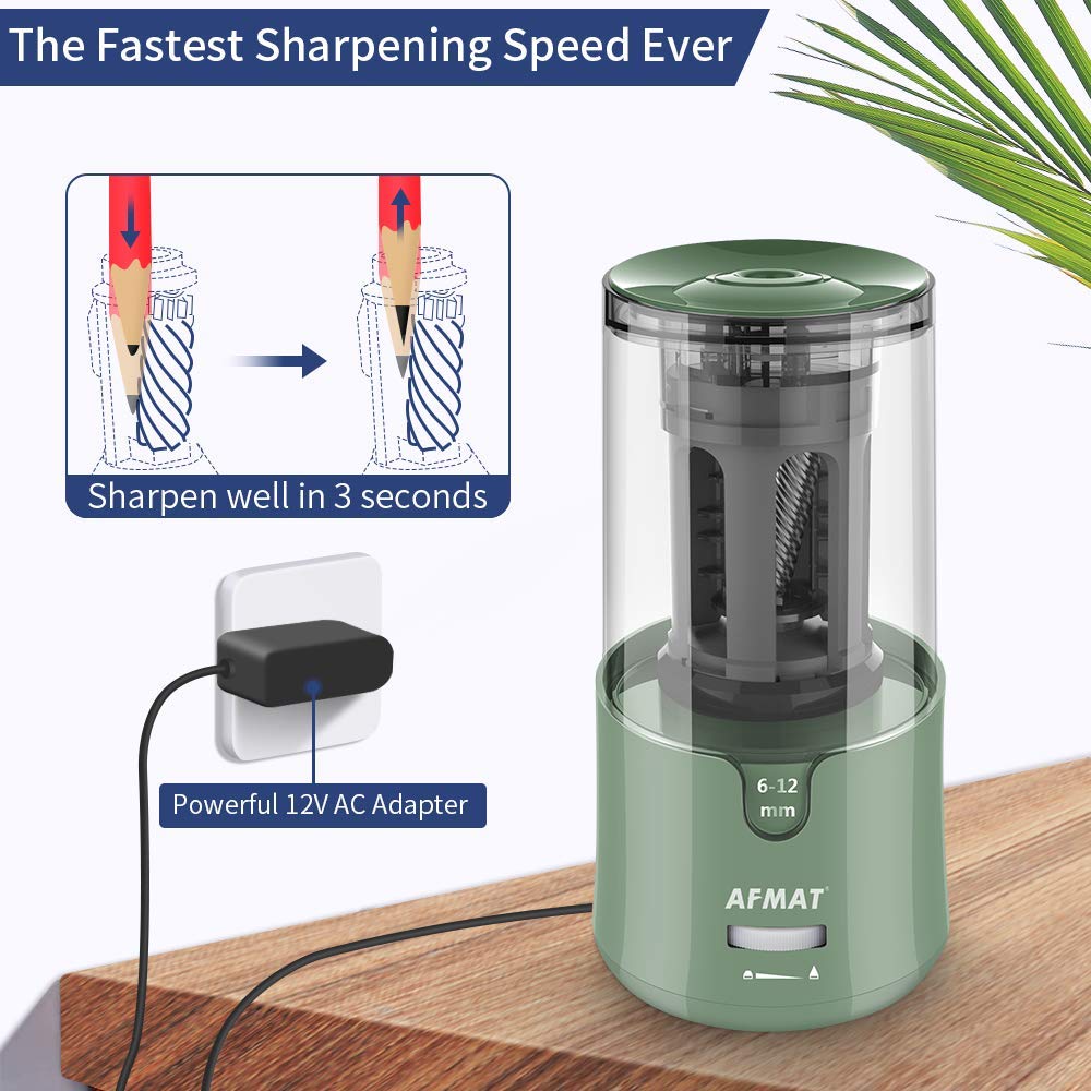 AFMAT Electric Pencil Sharpener, Auto Stop, Super Sharp & Fast, Electric Pencil Sharpener Plug in for 6-12mm No.2/Colored Pencils/Office/Home PS94